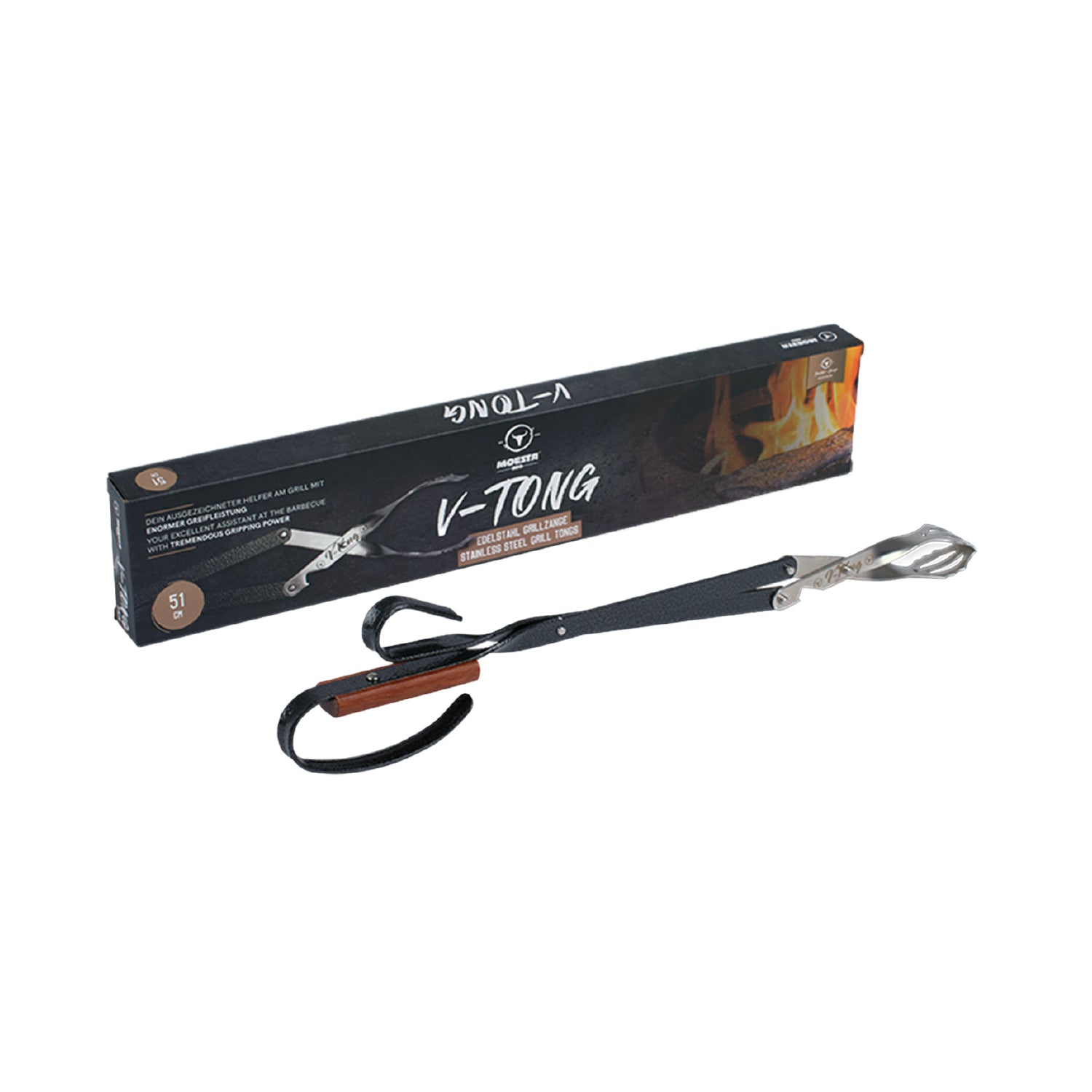 Metallzange mit Holzgriff neben schwarzer Schachtel mit Flammenmotiv.