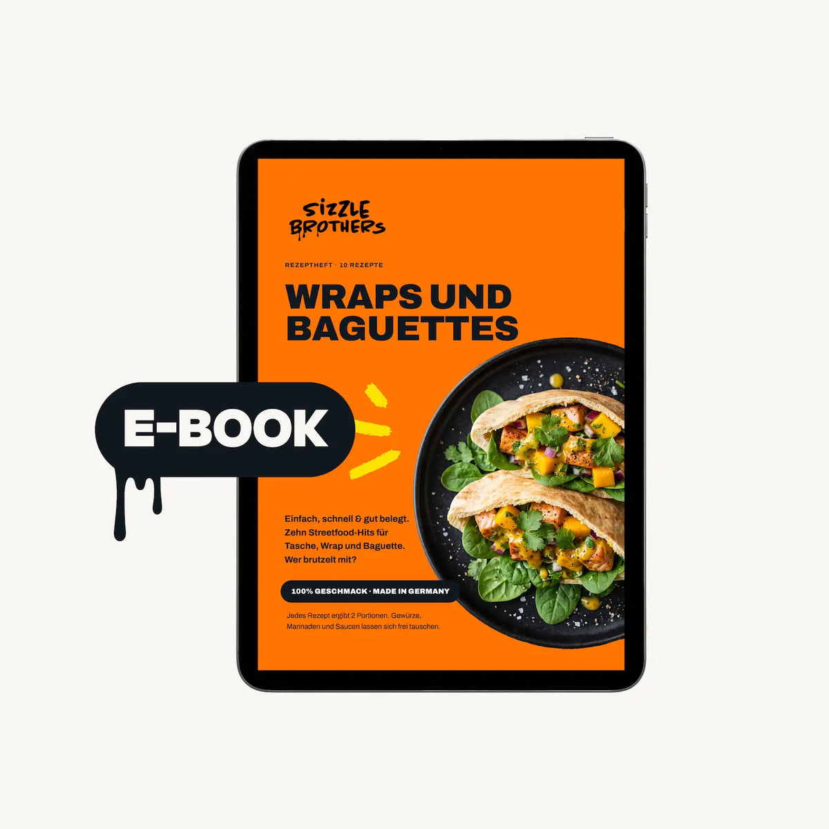 Tablet mit Rezeptbuch 'Wraps und Baguettes' und ein E-Book-Symbol.