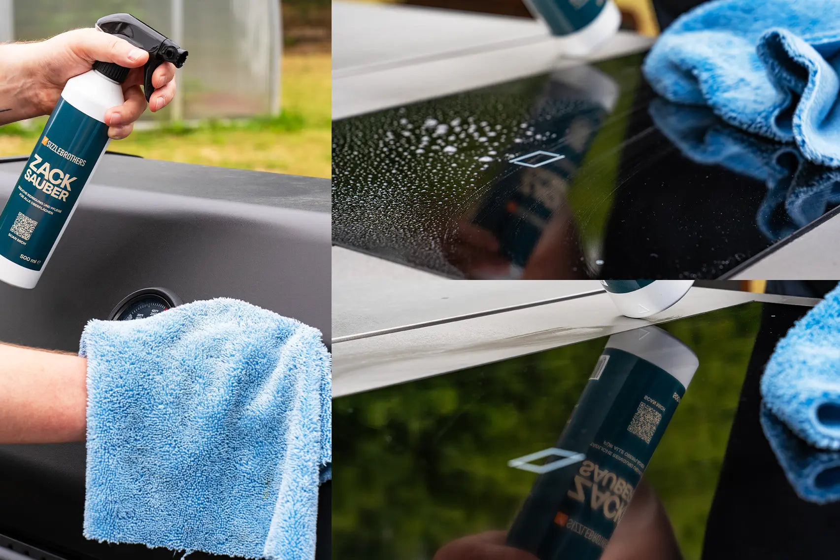 Collage eines Sprühreinigers mit blauem Tuch auf verschiedenen Oberflächen.
