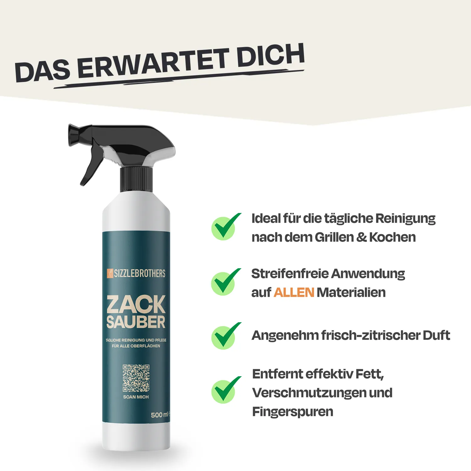 Sprühflasche mit Putzmittel neben grünen Häkchen, Text: Das erwartet dich.