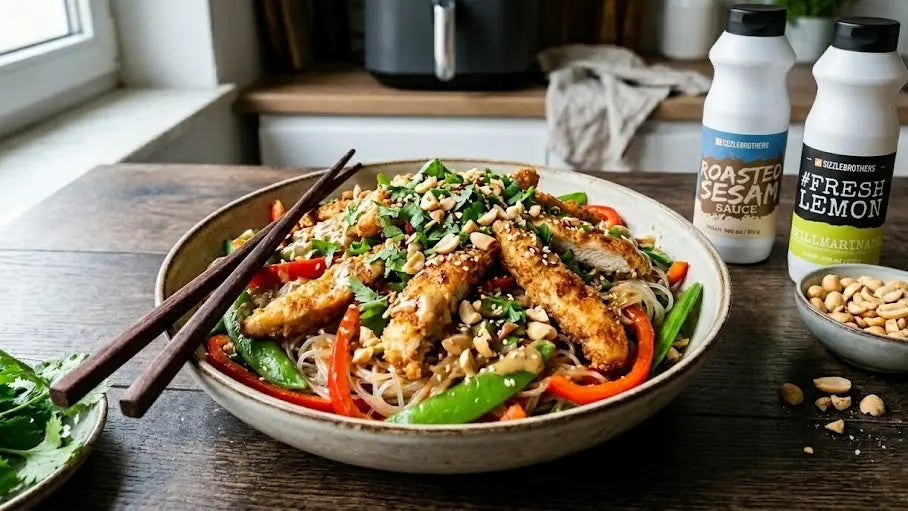 Asia Sesam Hähnchen Salat mit Glasnudeln