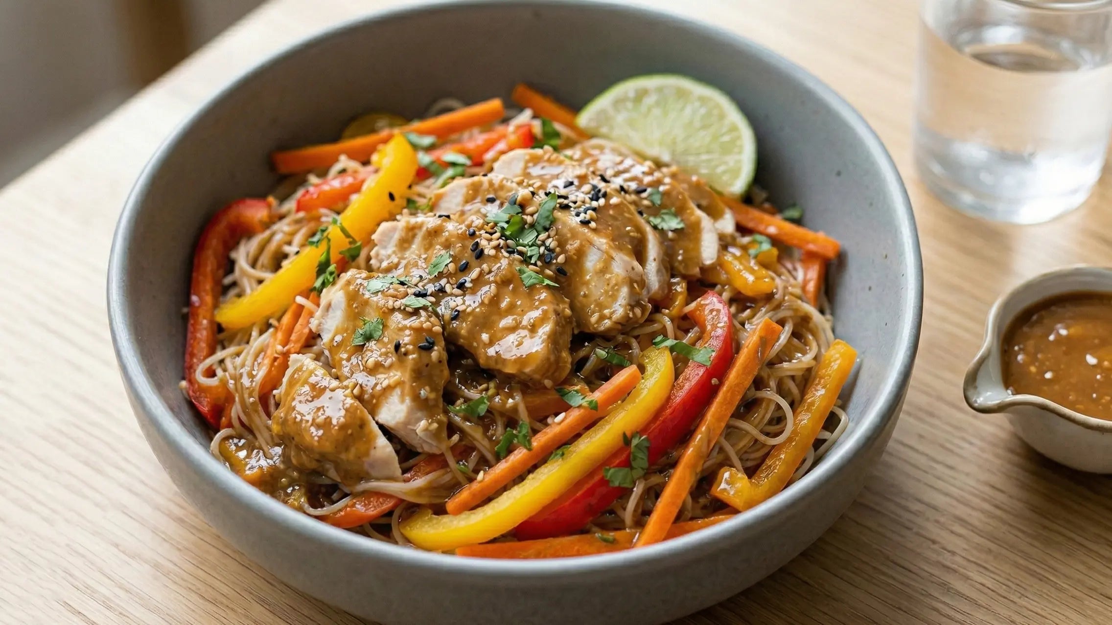 Sesam-Hähnchen Bowl mit Reisnudeln