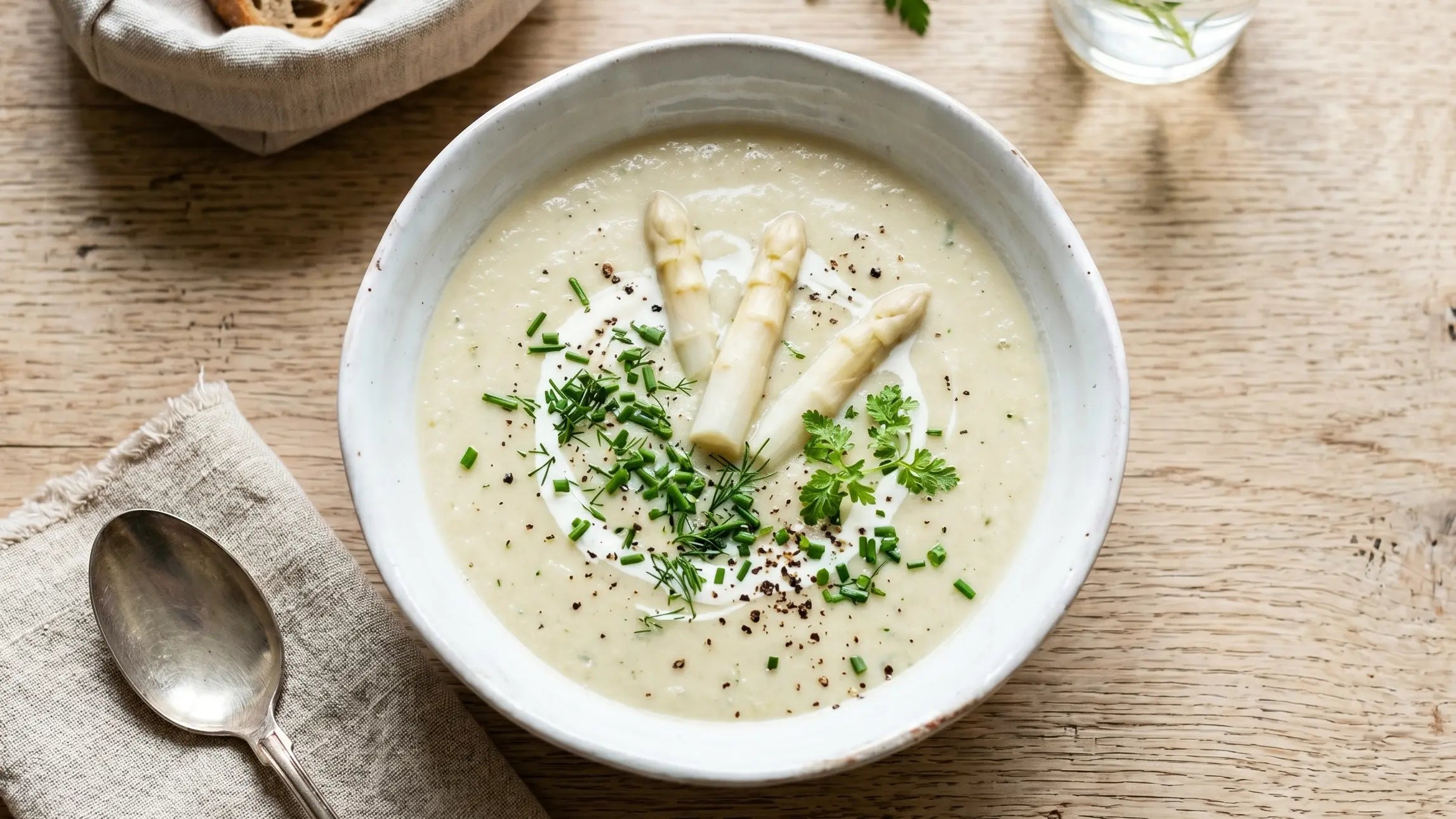 Spargelcremesuppe mit Schalen und Trüffel