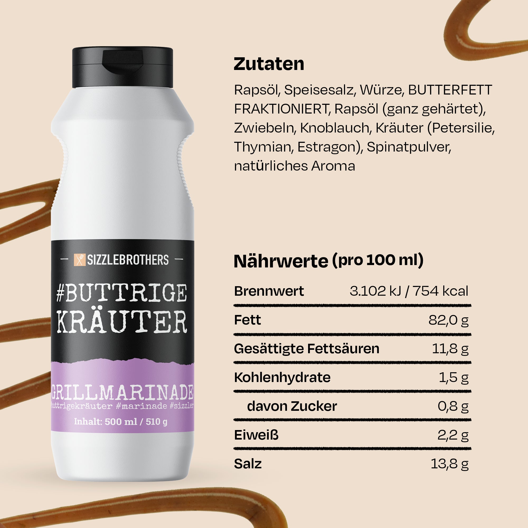 Weiße Flasche #BUTTRIGE KRÄUTER Grillmarinade. Zutaten und Nährwerte neben der Flasche aufgeführt.
