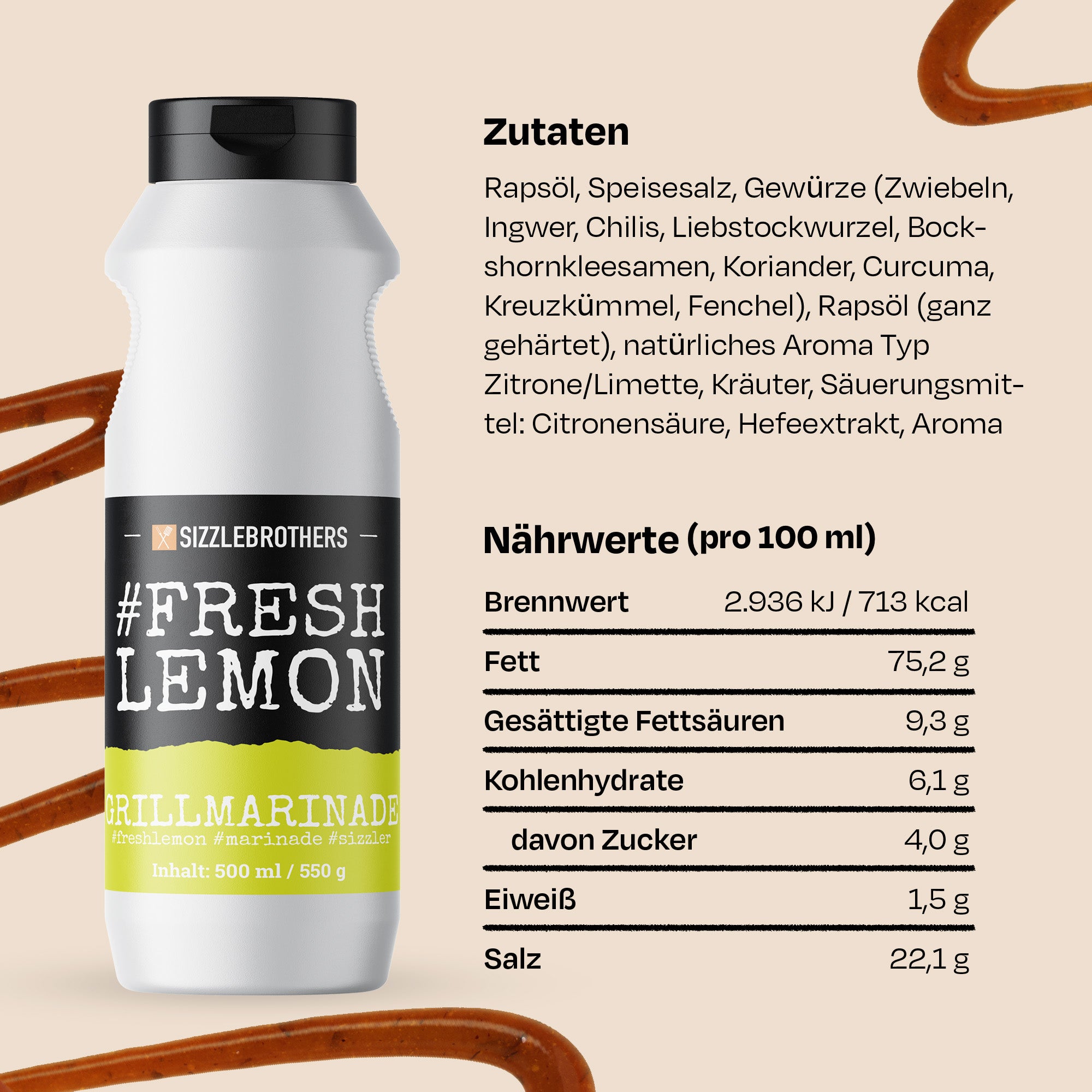 Weiße Flasche #FRESH LEMON Grillmarinade. Zutaten und Nährwerte neben der Flasche aufgeführt.