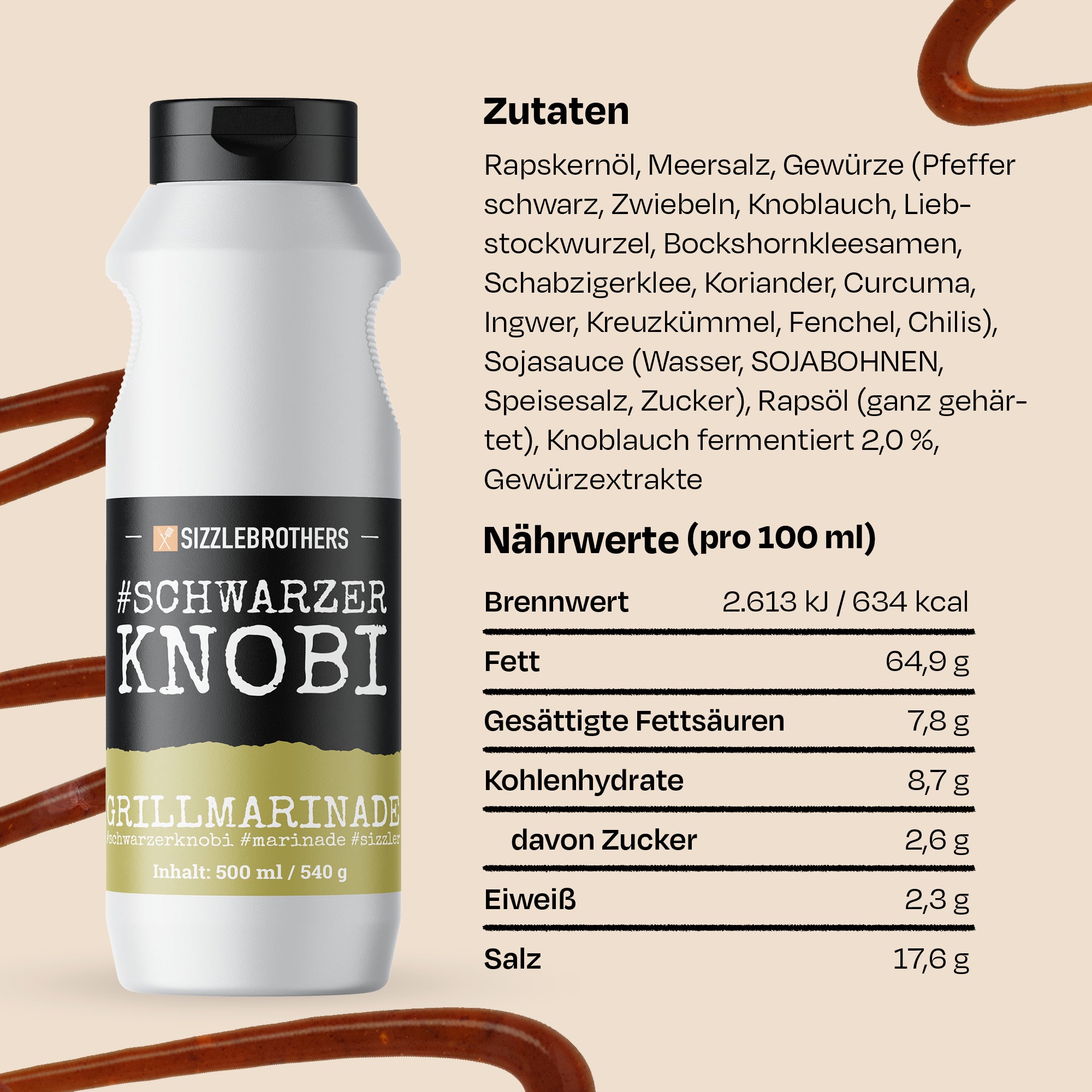Weiße Flasche #SCHWARZER KNOBI Grillmarinade. Zutaten und Nährwerte neben der Flasche aufgeführt.