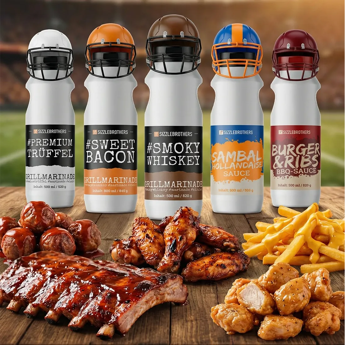 Grillsoßenflaschen mit Football-Motiven und vielfältigen Grillgerichten.