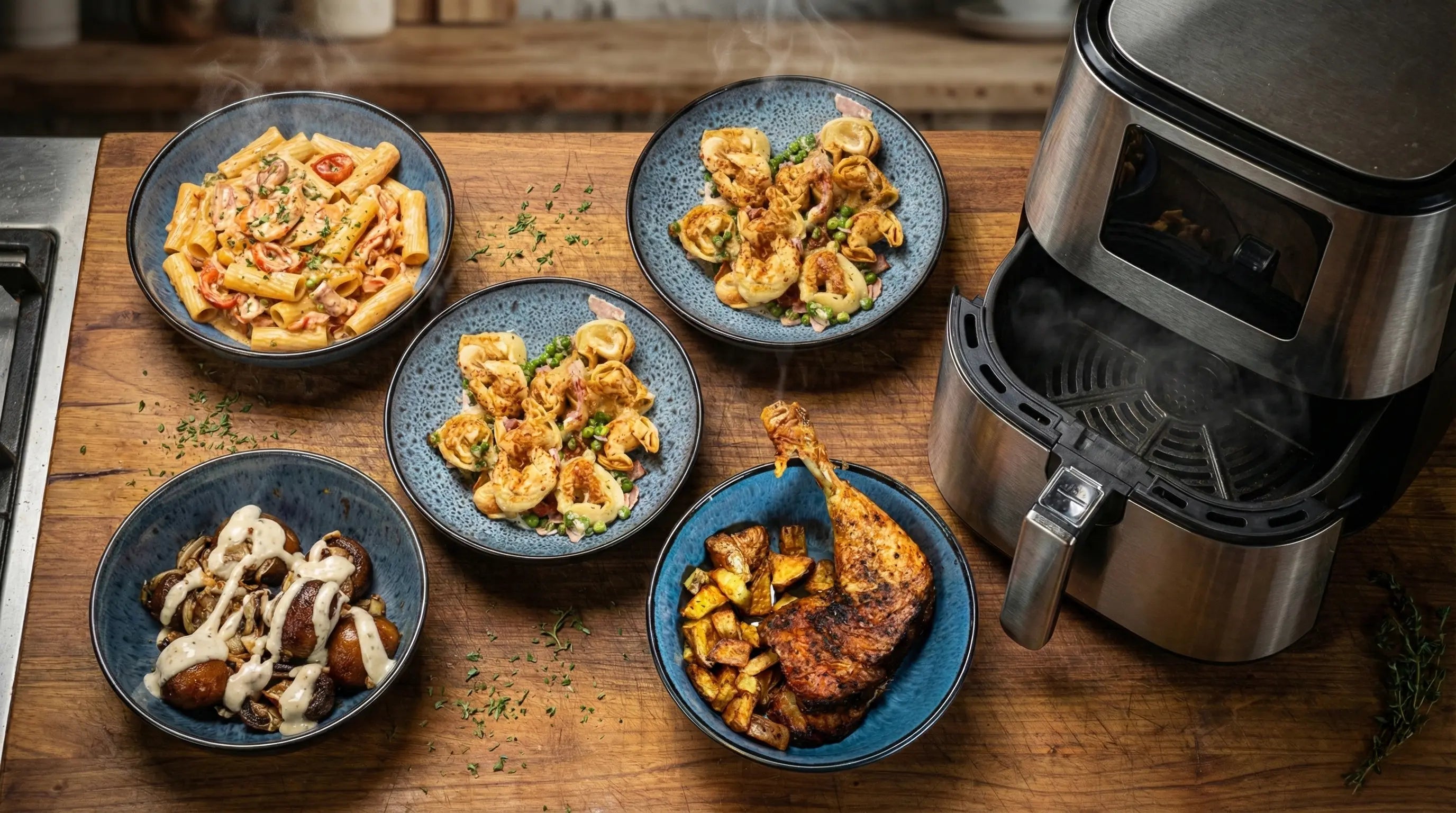 Fünf Schalen mit diversen Gerichten auf einem Holztisch neben einem Dampfgarer.