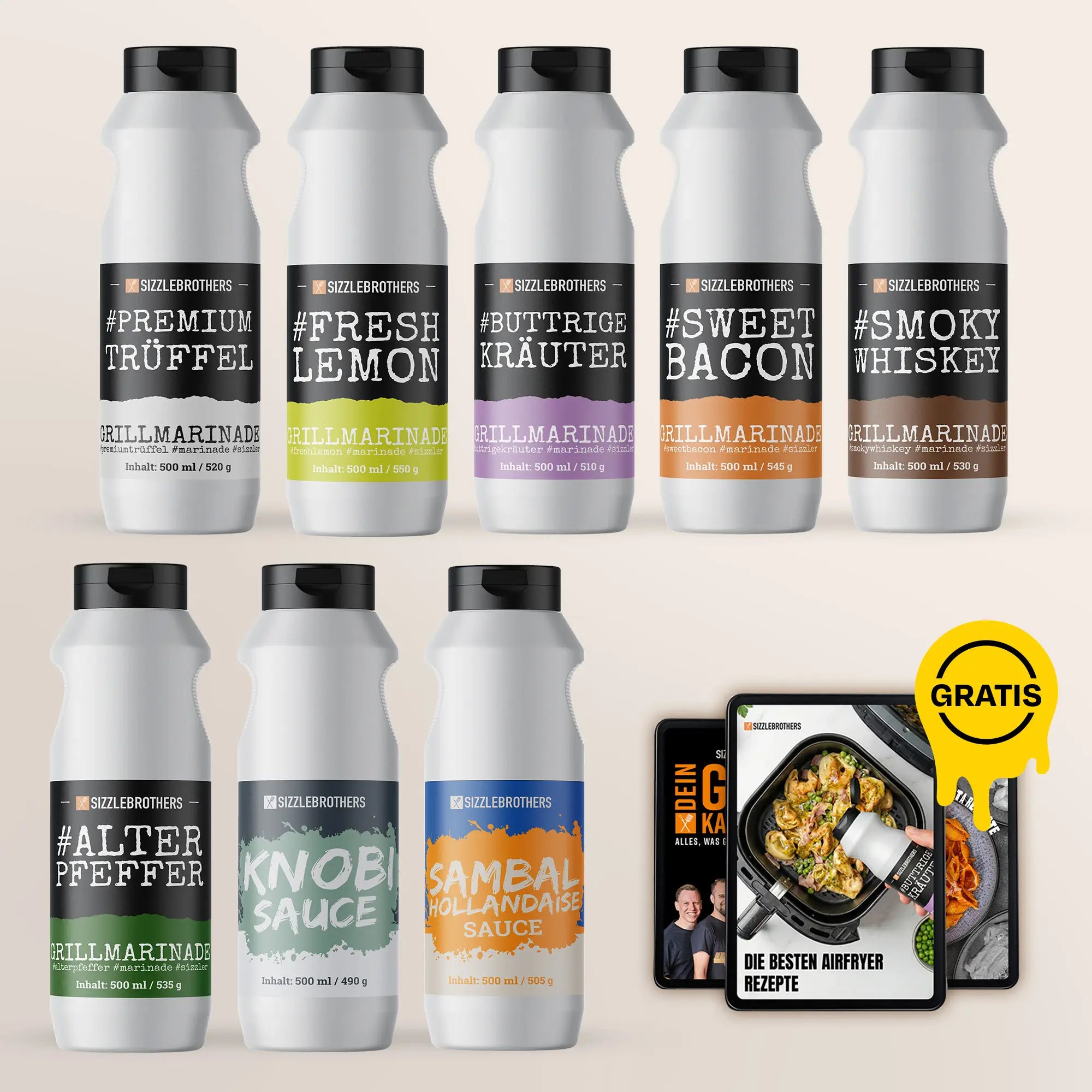 Sechs Flaschen Sauce, ein Grillbuch mit „GRATIS“-Symbol.