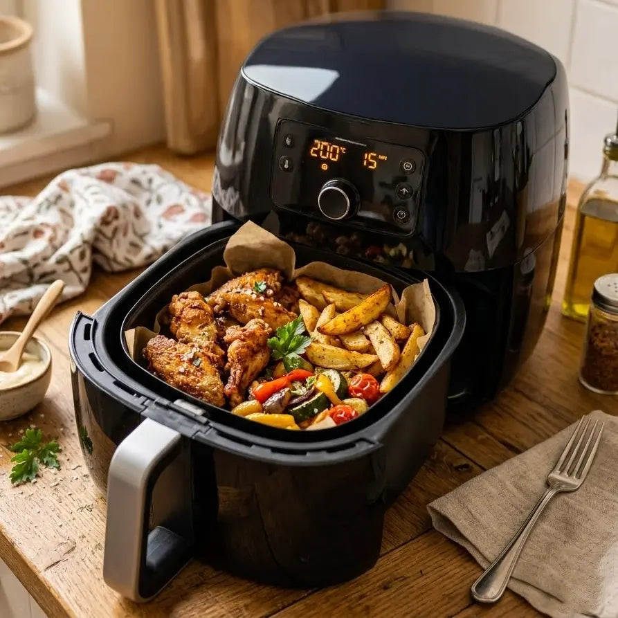 Schwarze Heißluftfritteuse auf einem Holztisch mit Pommes und Hähnchen, Display zeigt 200°C, 15 Minuten.