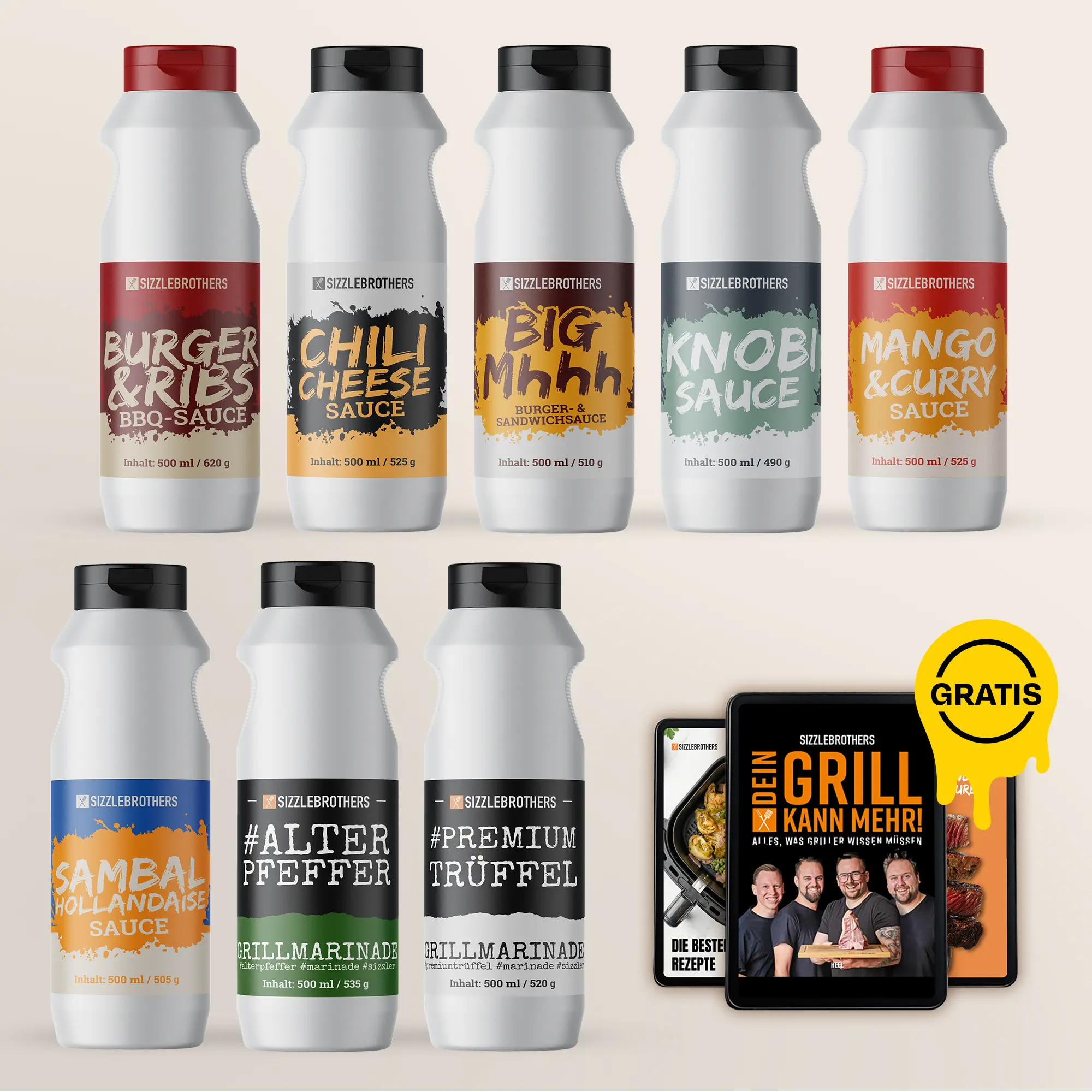 Acht Flaschen Sauce, zwei Grillbücher mit „GRATIS“-Symbol.