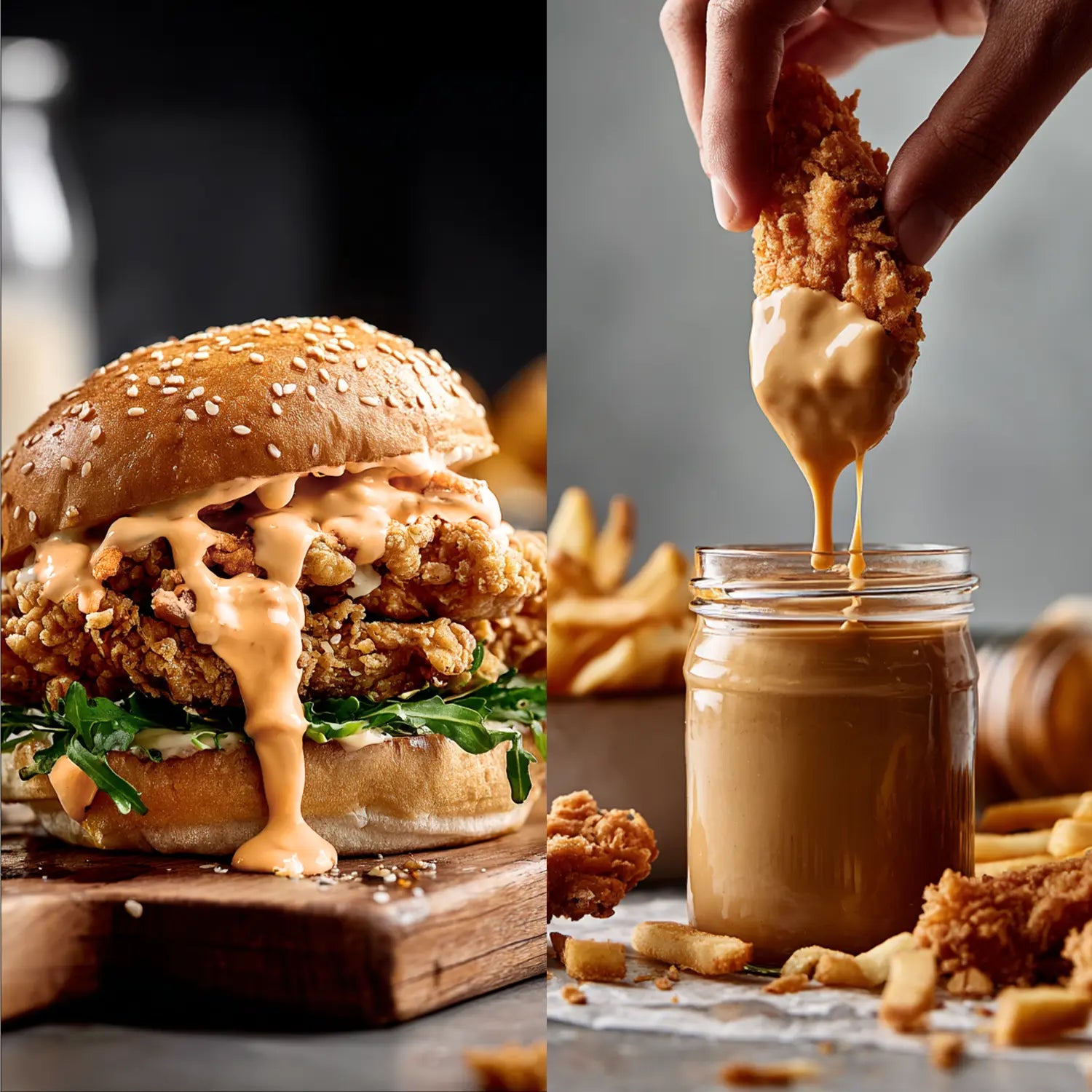 Hähnchenburger mit Soße und Hähnchenstück in Dipp, Pommes im Hintergrund.
