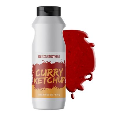 Flasche Curry Ketchup mit rotem Klecks daneben, Text: Sizzlebrothers.