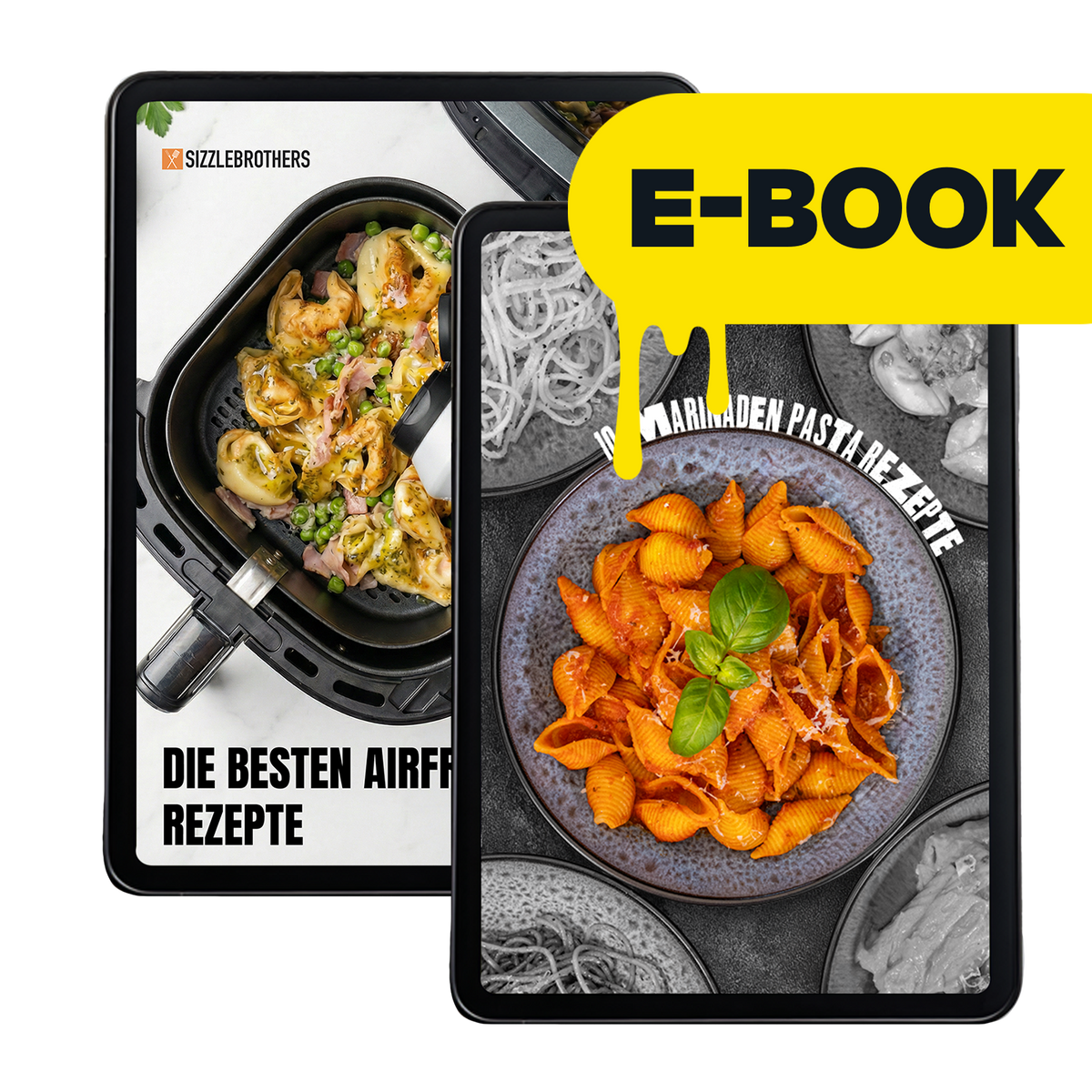 Zwei E-Book-Cover mit Pasta und Hähnchen; Texte: 'Nahrhafte Pasta Rezepte', 'Die besten Airfryer Rezepte'.