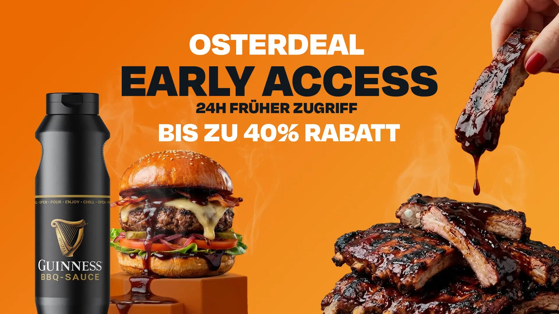 Burger, Rippchen und Guinness BBQ-Sauce mit "Osterdeal Early Access, bis zu 40 % Rabatt" Text.