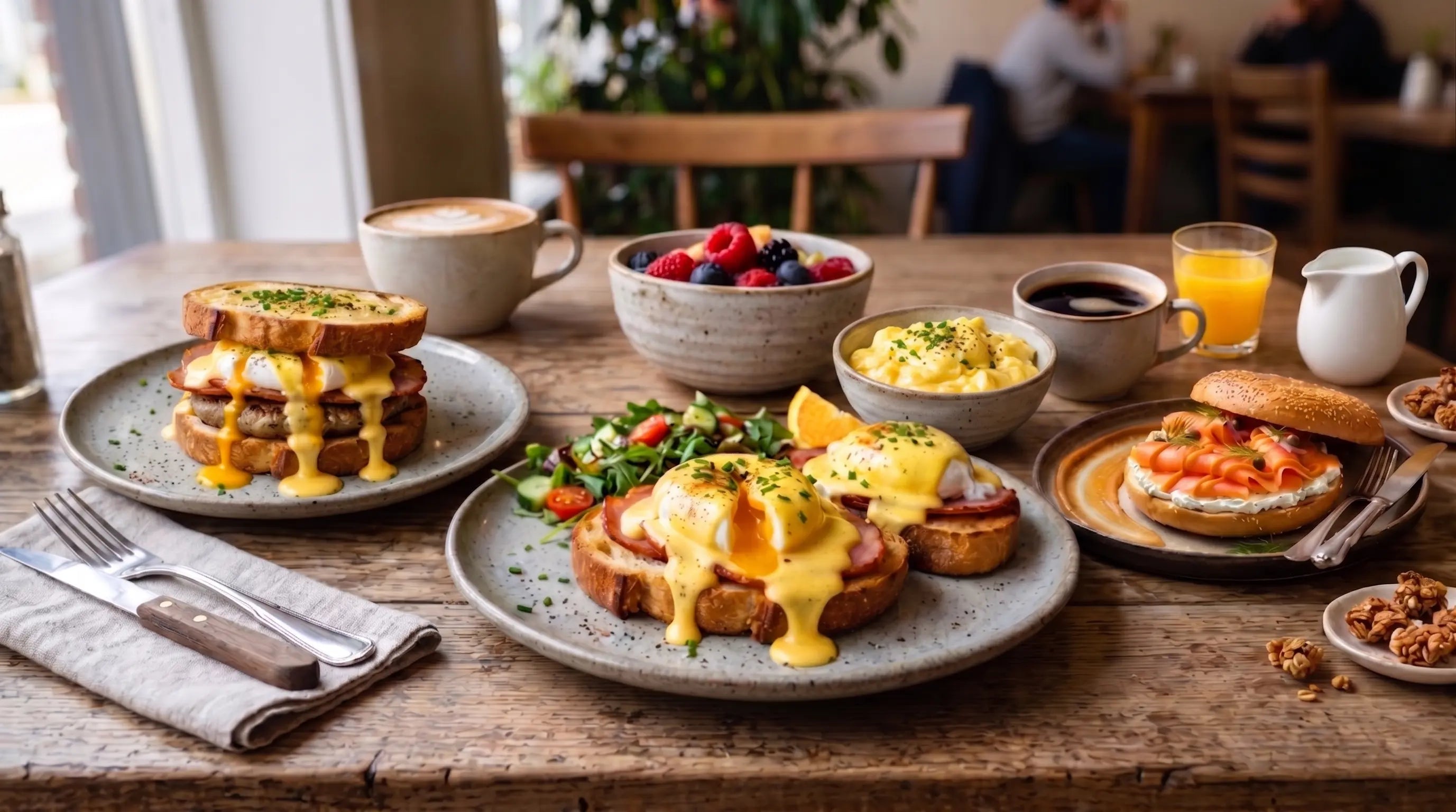 Frühstückstisch mit Eiern Benedict, Kaffee, Saft, Joghurt mit Beeren und Brötchen mit Lachs.