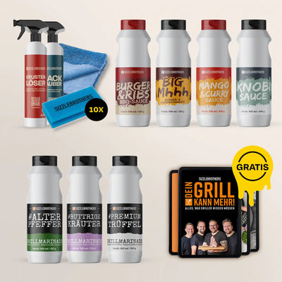 Vier Flaschen Marinade, Grillbuch mit „GRATIS“-Symbol.