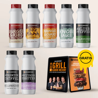 Sechs Flaschen Marinade, zwei Grillbücher mit „GRATIS“-Symbol.