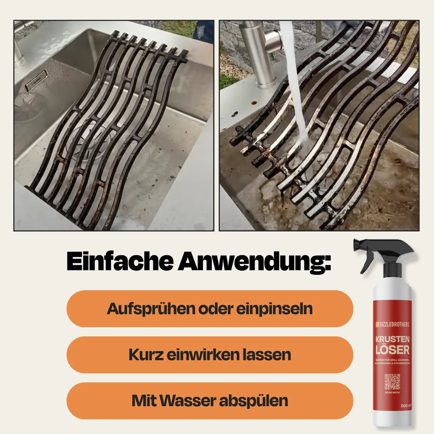 Reinigungsprozess an Grillrosten mit Krustenloser in drei Schritten beschrieben.