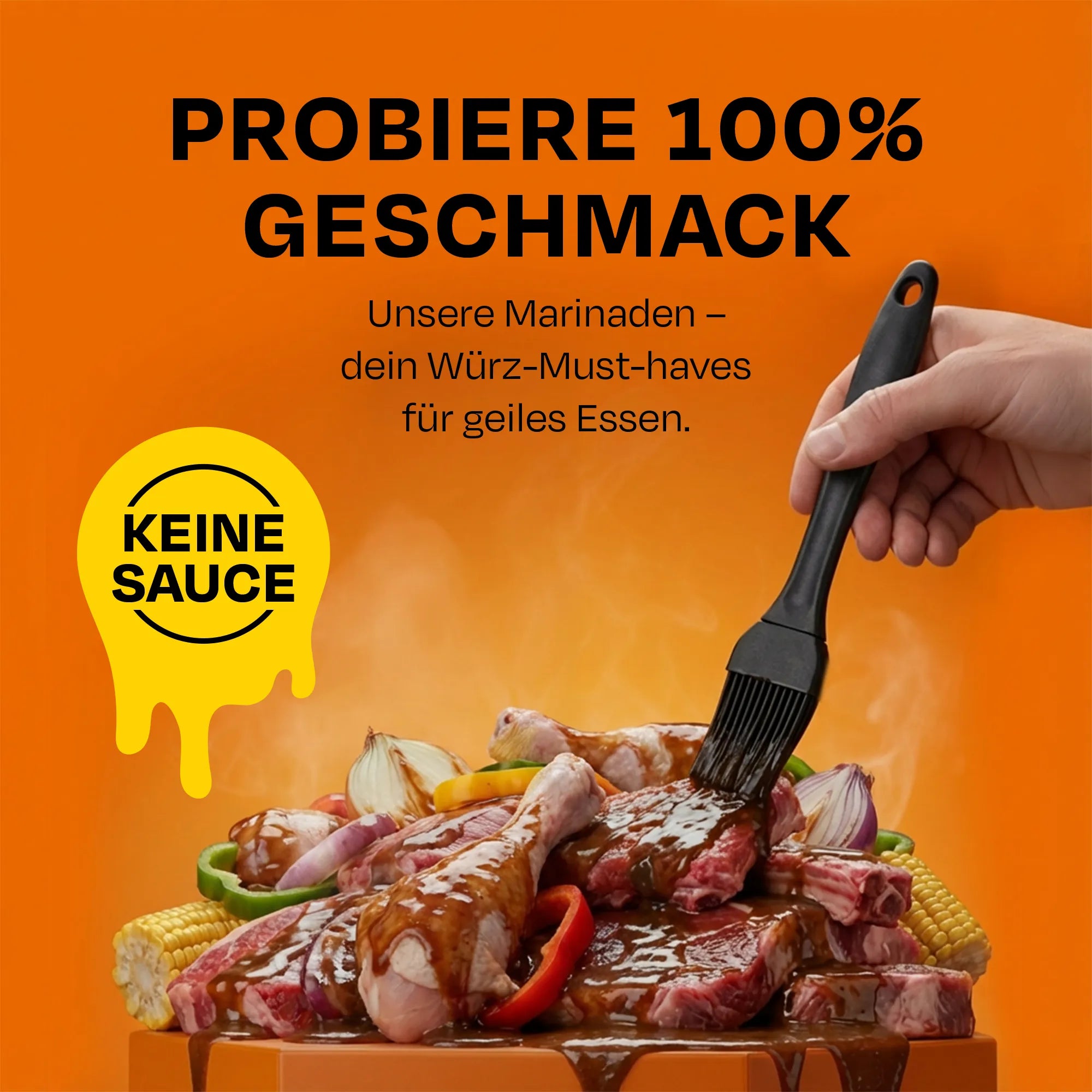 Streichpinsel auf mariniertem Fleisch vor Gemüse mit der Aufschrift „Keine Sauce“.