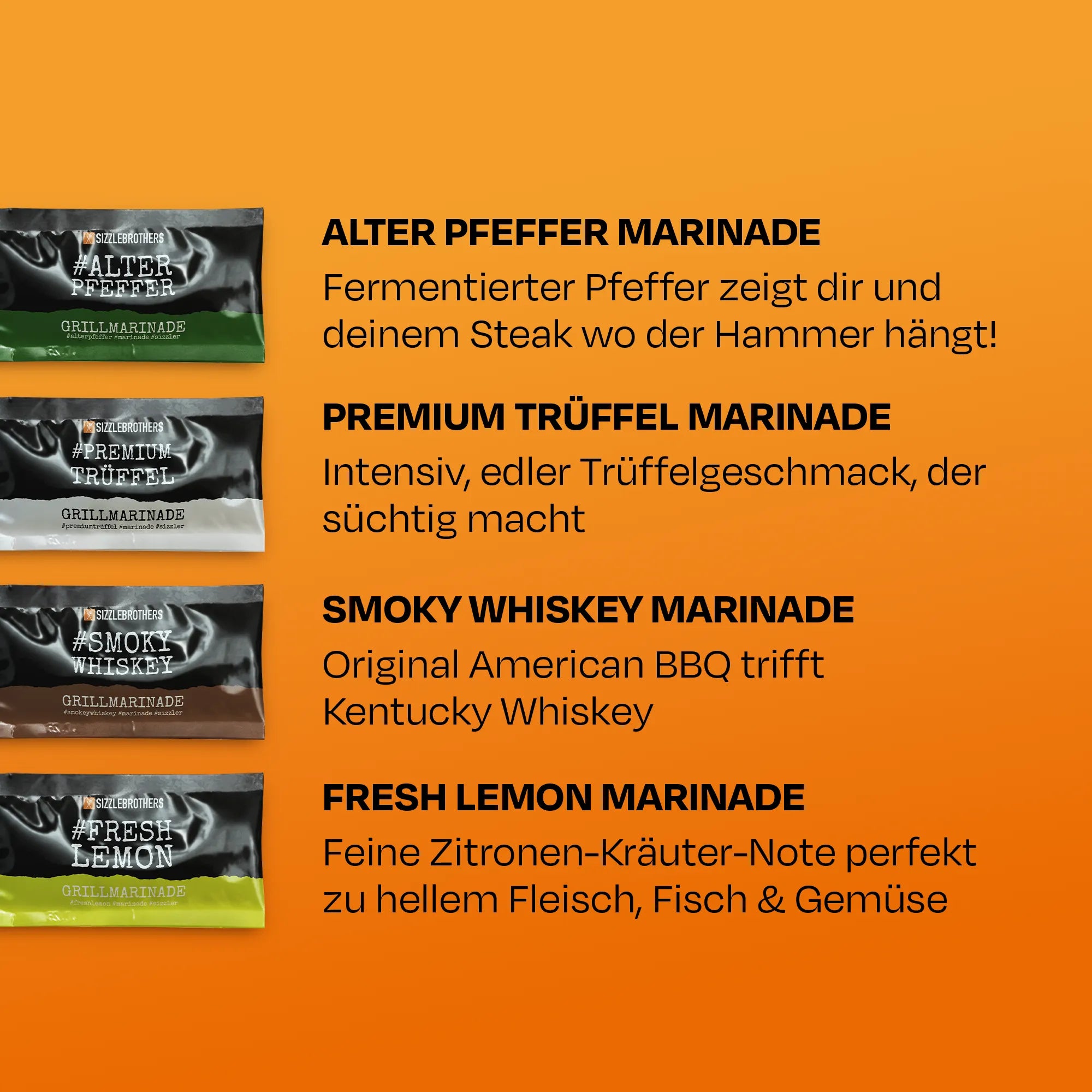 Produktbeschreibungen für Alter Pfeffer, Trüffel, Smoky Whiskey und Fresh Lemon Marinade.