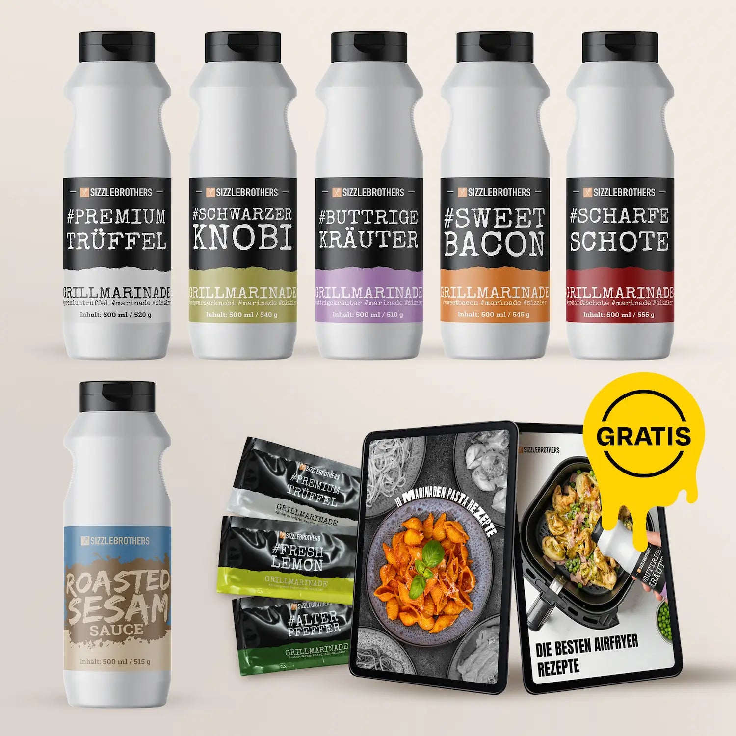 Sechs Marinadenflaschen, Sesamsauce, Tüten, Gratis Zeichen und Rezeptbuch.