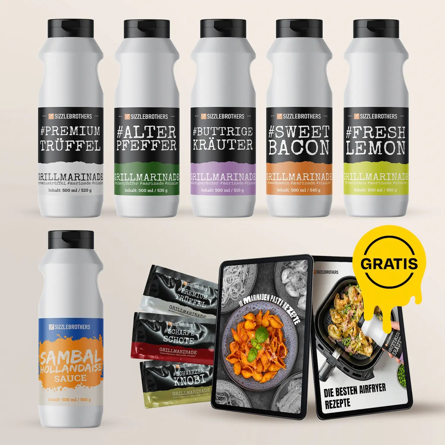 Vier Flaschen BBQ-Sauce, Grillbuch mit „GRATIS“-Symbol.
