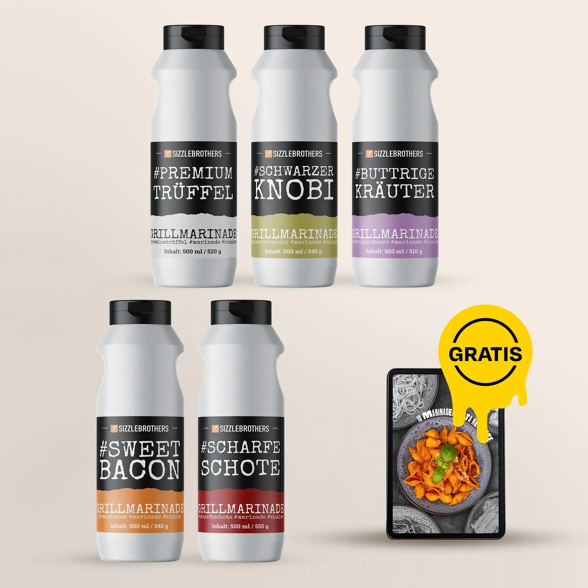 Sechs Saucenflaschen, ein digitales Kochbuch, gelbe Gratis-Aufschrift.
