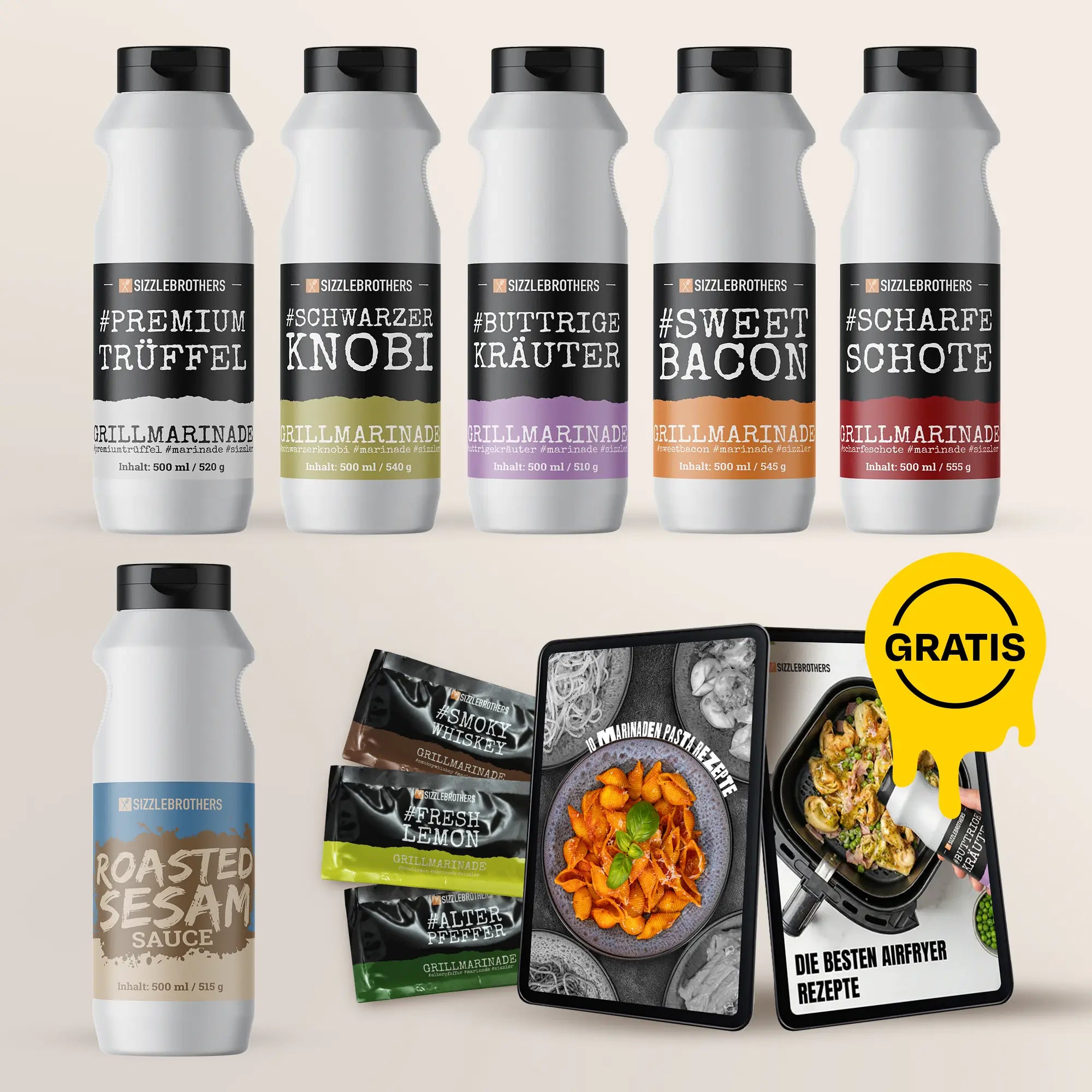 Zehn weiße Flaschen Saucen, vier Päckchen Marinaden und ein Rezeptbuch mit „GRATIS“-Sticker.