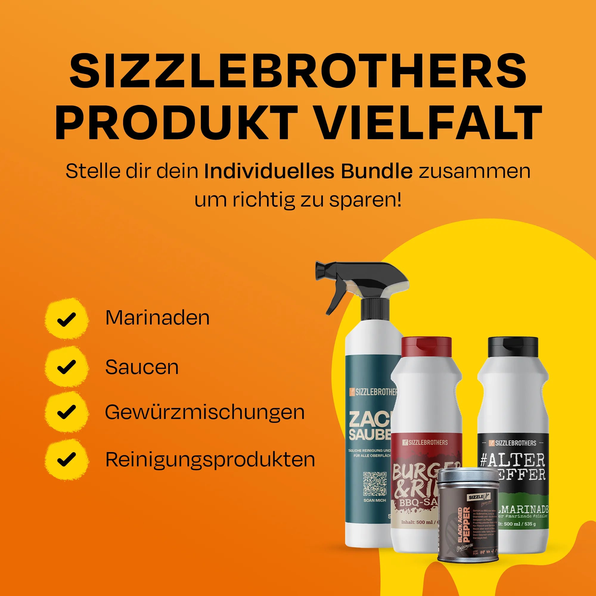 Produkte Vielfalt mit Saucen, Marinaden, Gewürzen und Reinigungsprodukten