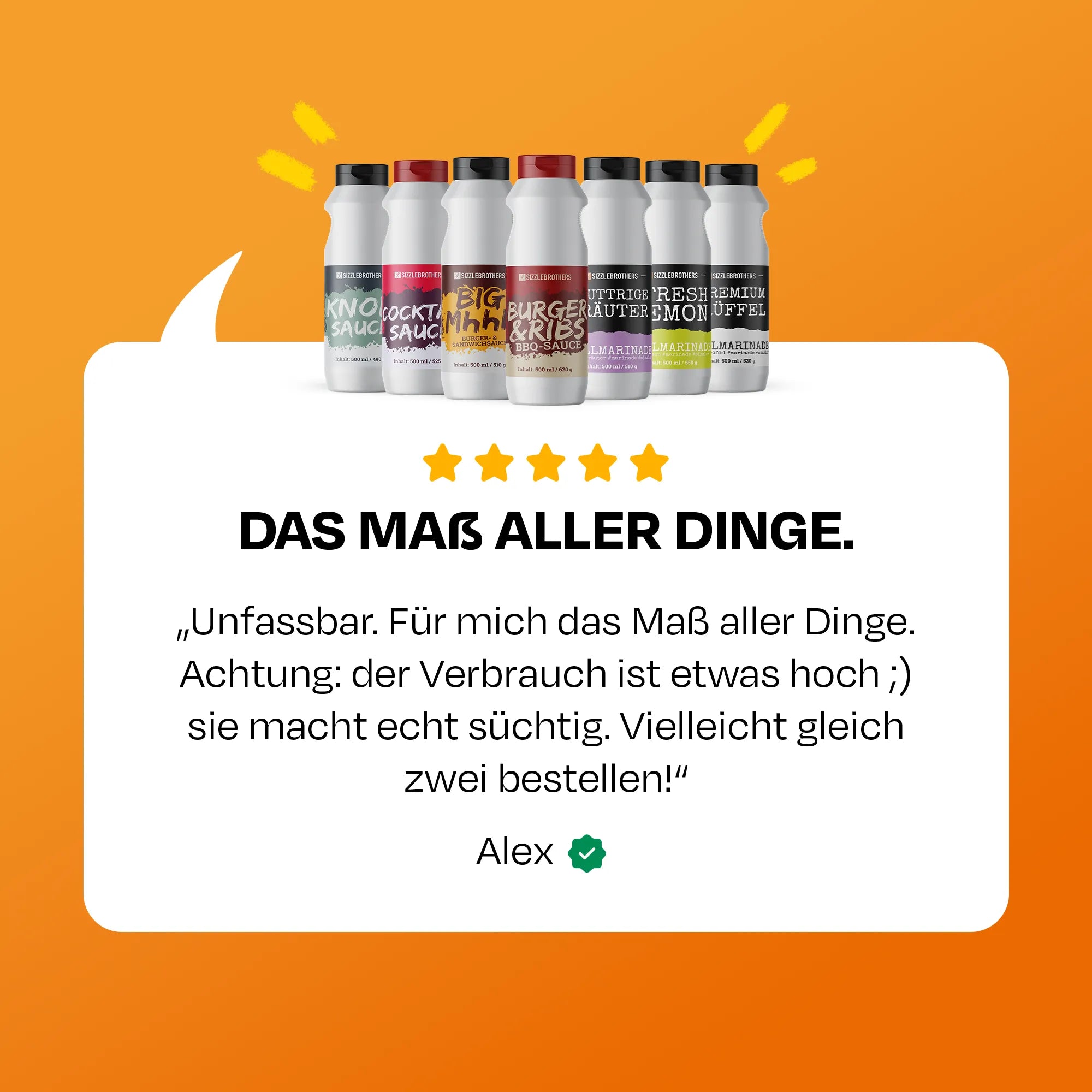Text und Bewertung von Alex über Saucen mit fünf Sternen