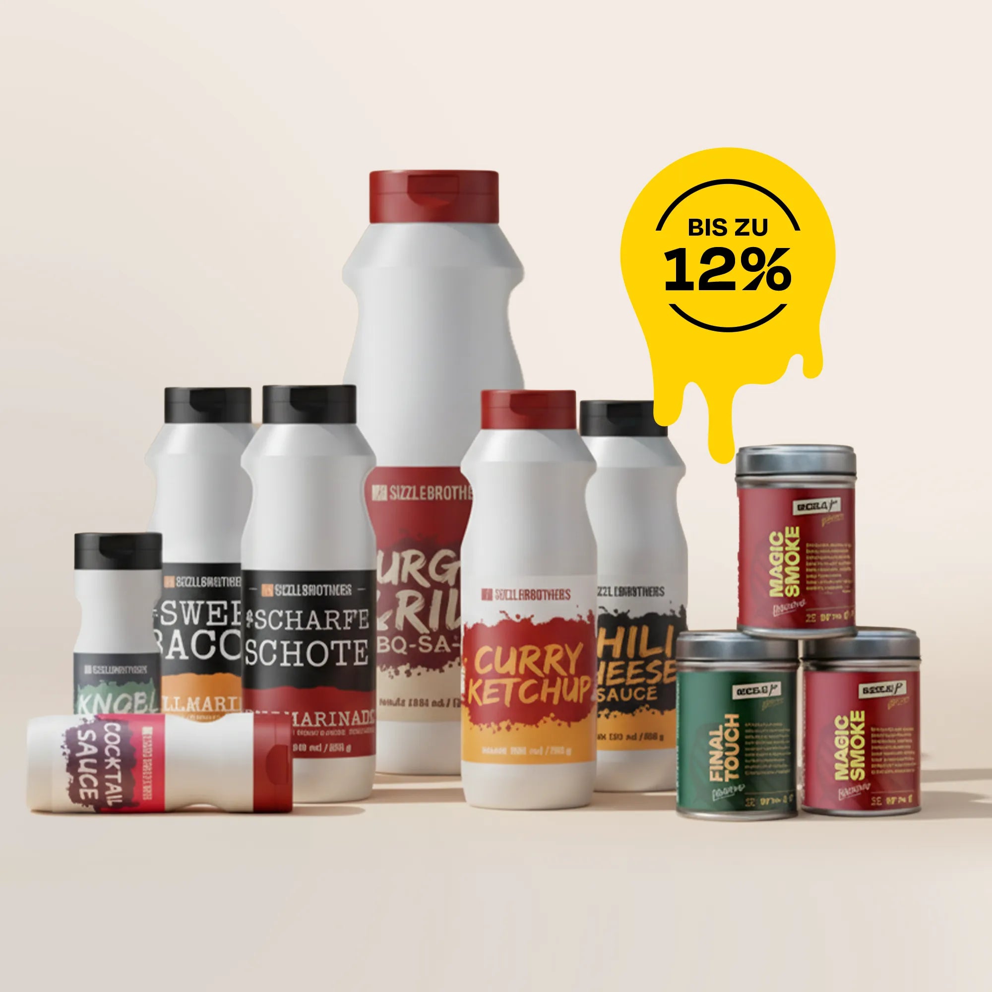 Verschiedene Saucen und Gewürze mit gelbem Sticker "BIS ZU 12%"