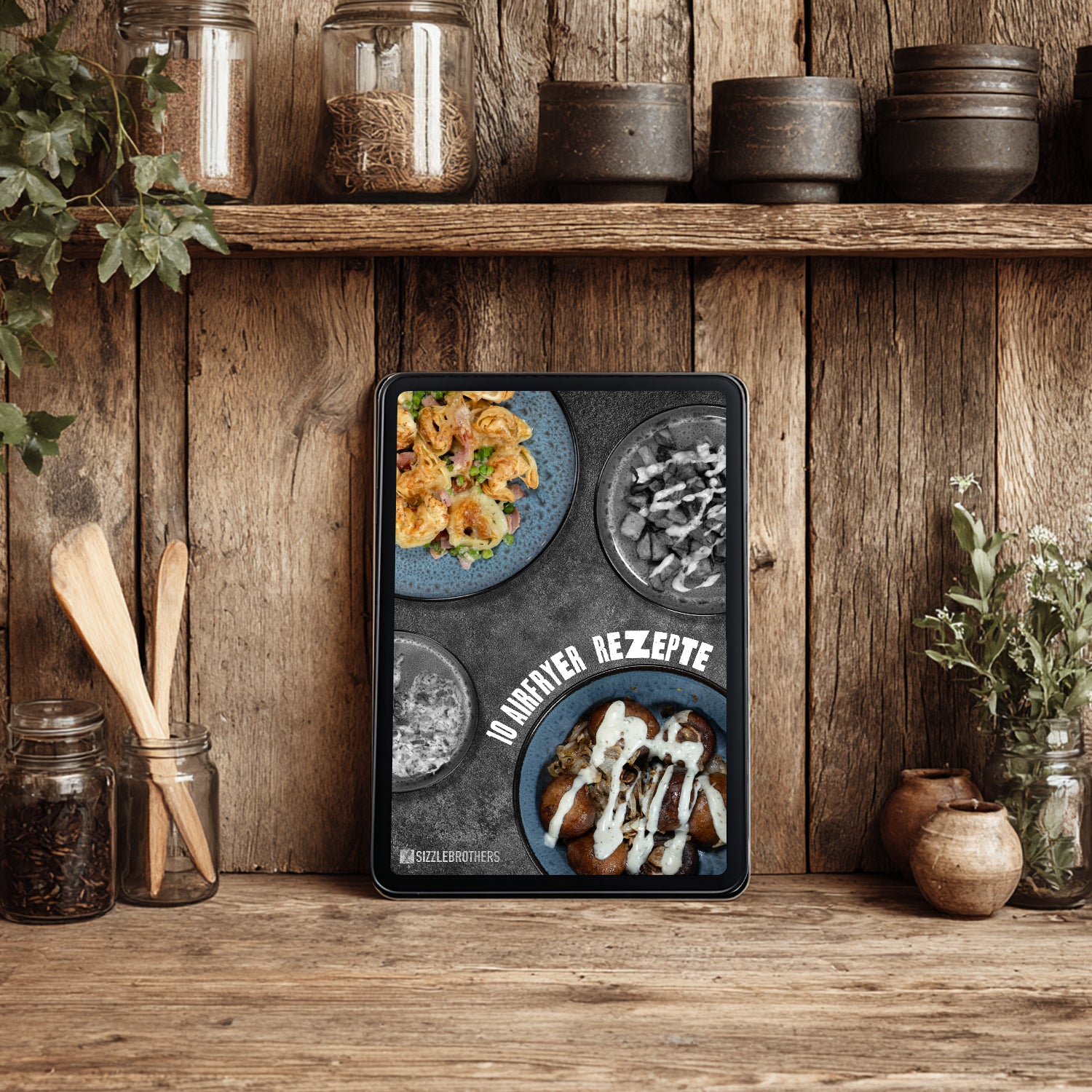 Ein Küchenregal aus Holz mit einem E-Book '10 Airfryer Rezepte' auf einem Tablet.