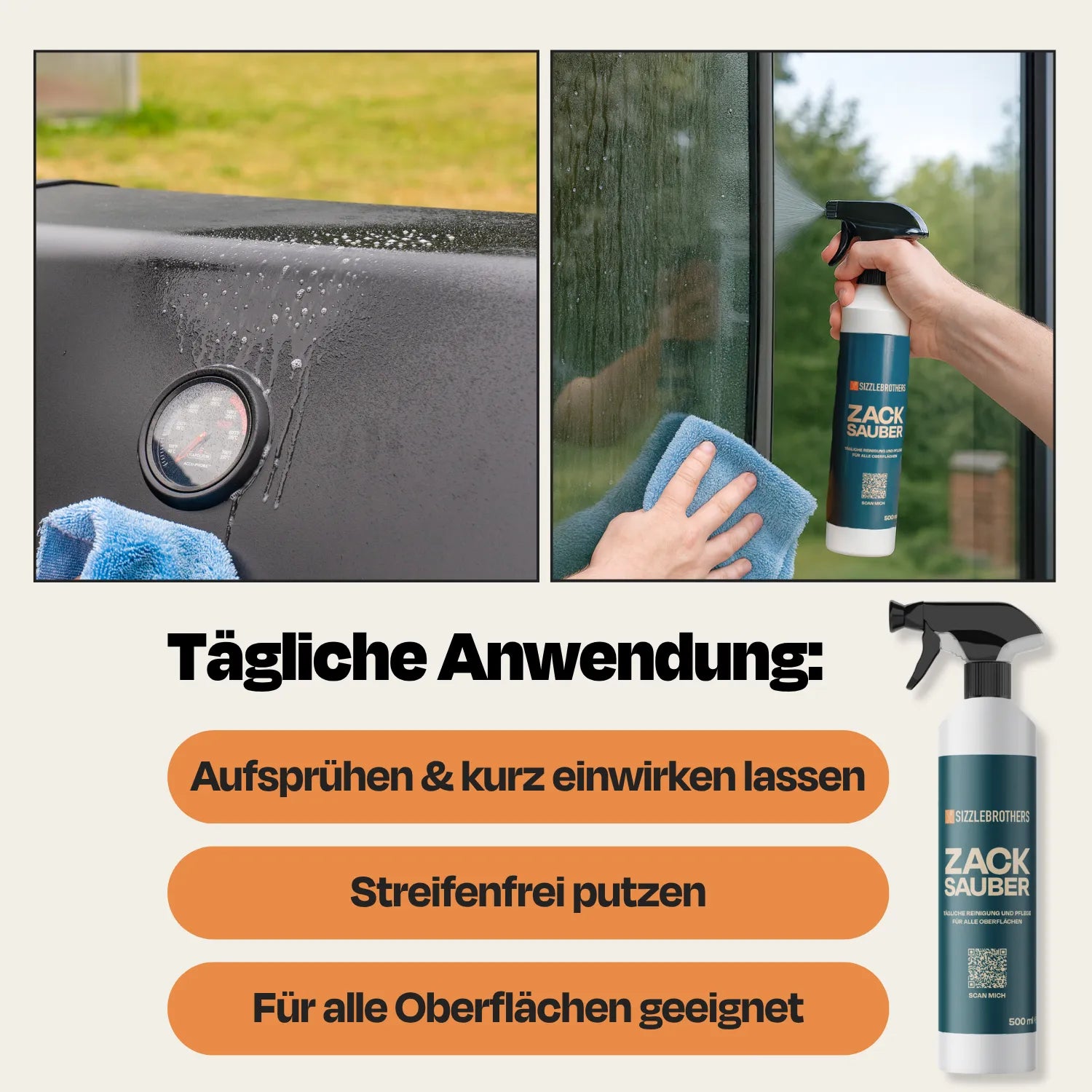 Zwei Schritte zur Reinigung mit Zack Sauber angezeigt: Aufsprühen, streifenfrei putzen.