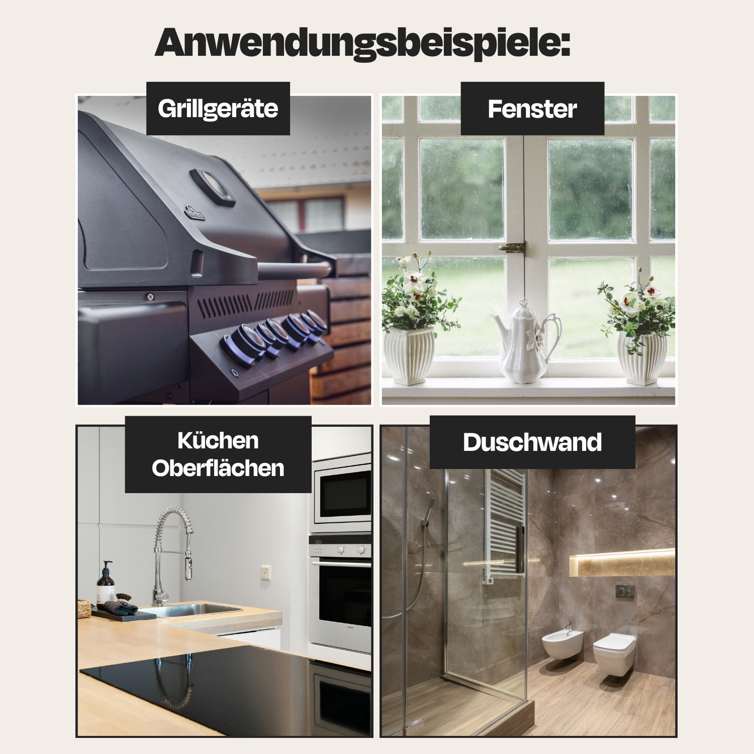 Vier Bilder: Grillgeräte, Fenster, Küchenoberflächen, Duschwand. Beschriftet mit Anwendungsbeispiele.