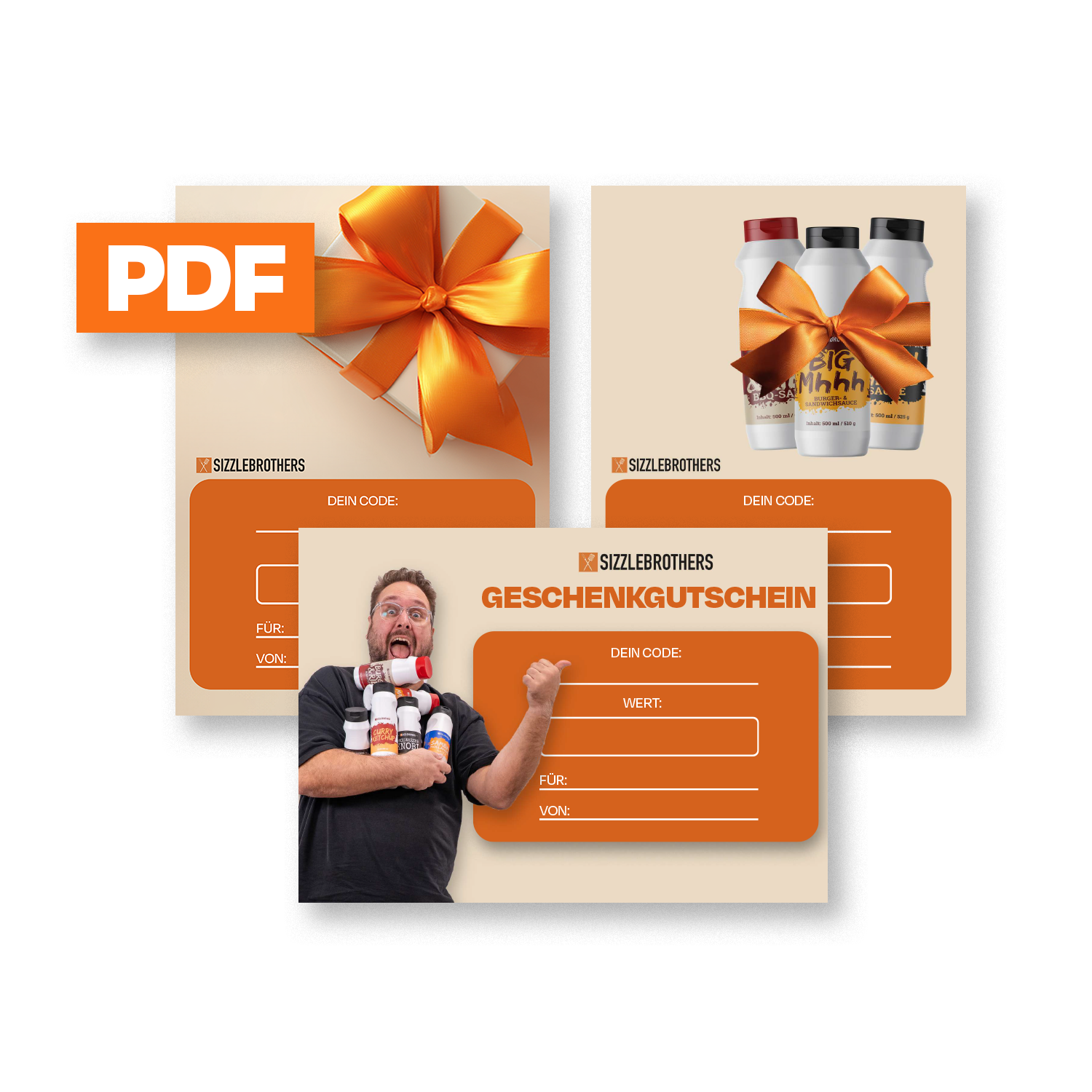 Geschenkgutscheine mit Flaschen und Schleife, Text: PDF.