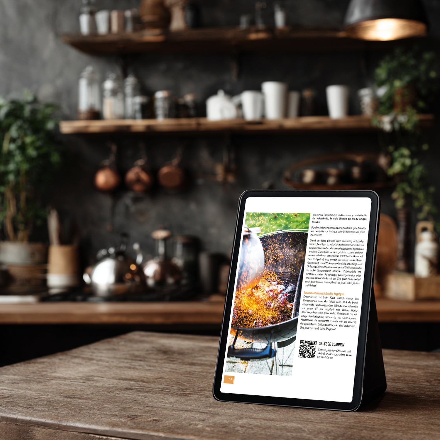 Tablet auf einem Tisch zeigt E-Book über Grilltechniken und Grillen im Freien.