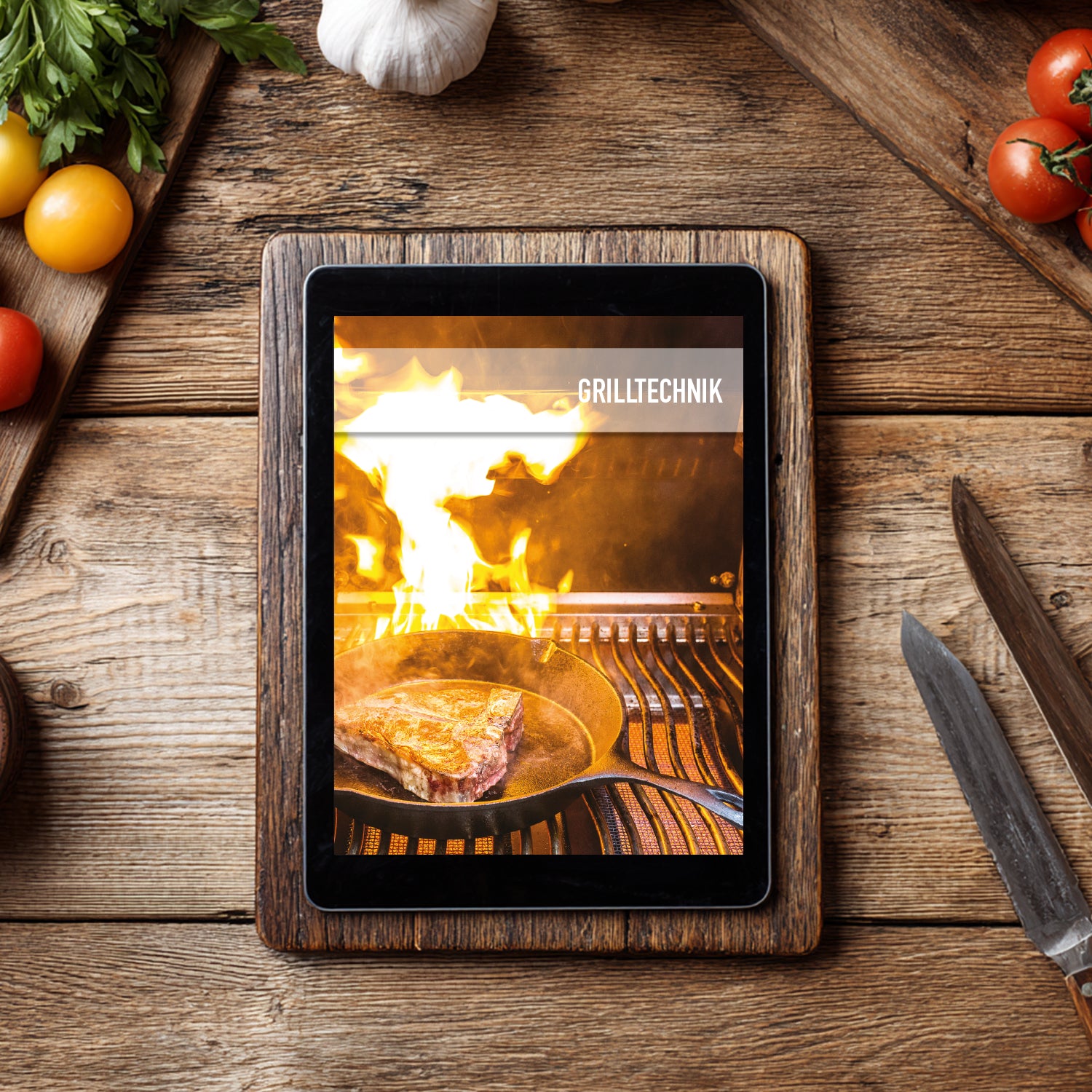 Ein Tablet mit einem Bild eines Steaks auf dem Grill über Flammen.
