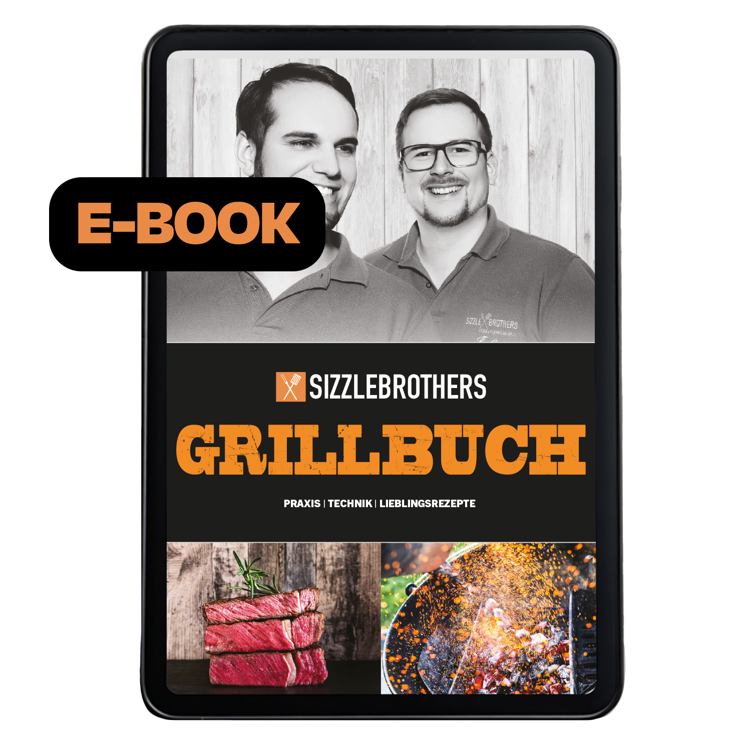 E-Book-Cover: Sizzlebrothers Grillbuch mit Porträts und gegrilltem Fleisch.