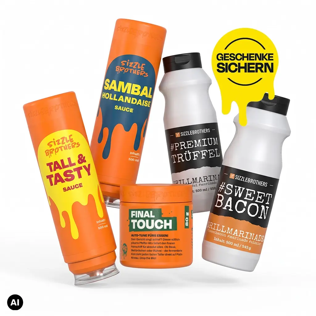 Saucen und Grillmarinaden vor weißem Hintergrund mit Text: Geschenke sichern.
