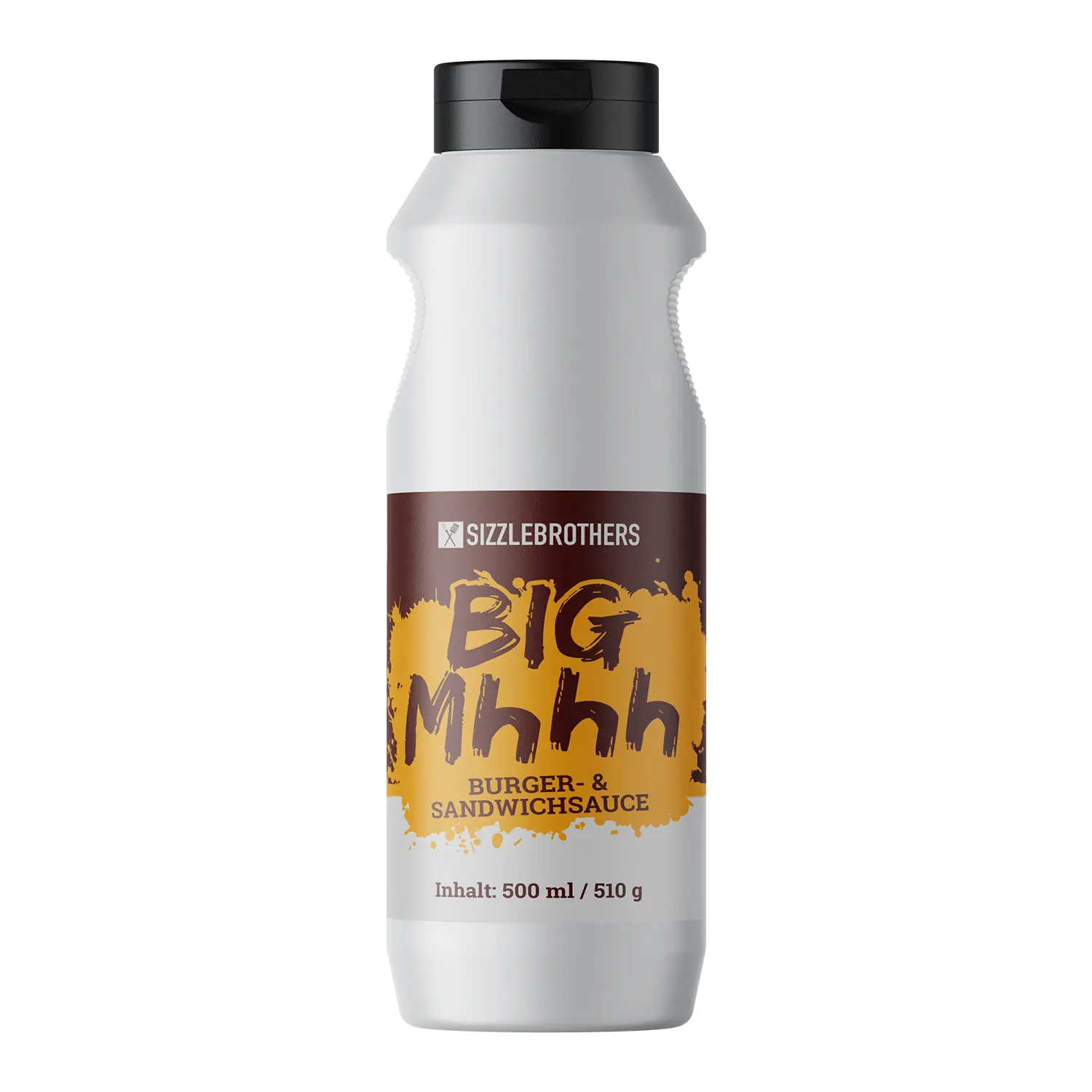 Flasche mit Big Mhhh Burger- und Sandwichsauce vor weißem Hintergrund.