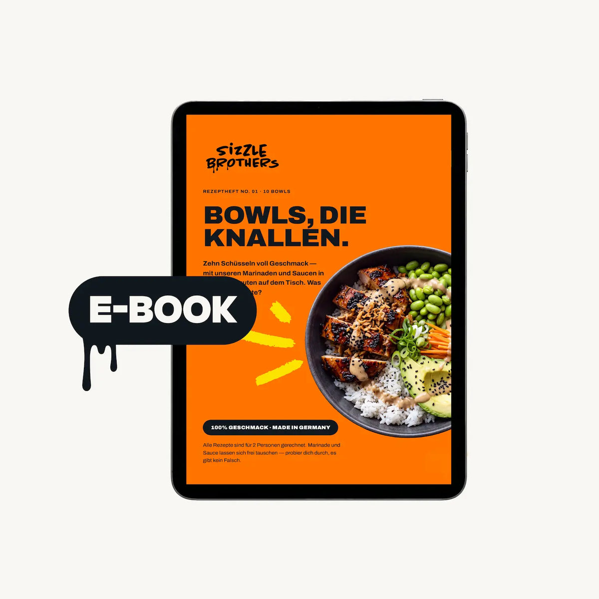 Tablet mit Rezeptbuch 'Bowls, die knallen.' zeigt farbenfrohe Bowl und ein E-Book-Symbol.