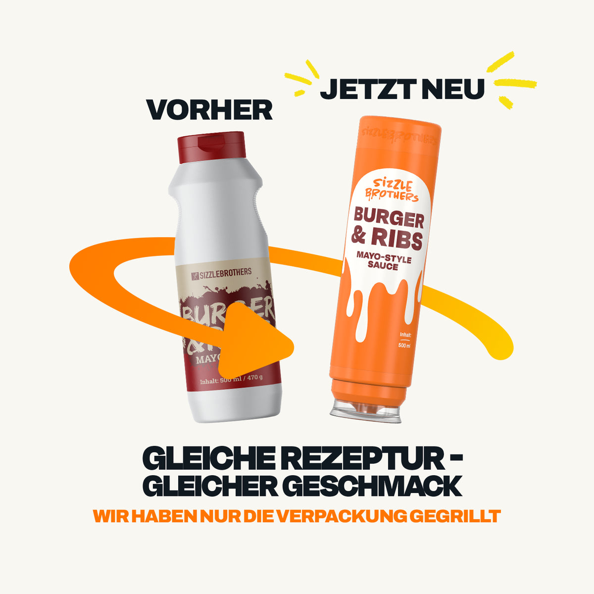 Neue Verpackung der SizzleBrothers Burger Ribs Sauce Mayo-Style, alte weiße Flasche neben der neuen orangefarbenen 500 ml Flasche