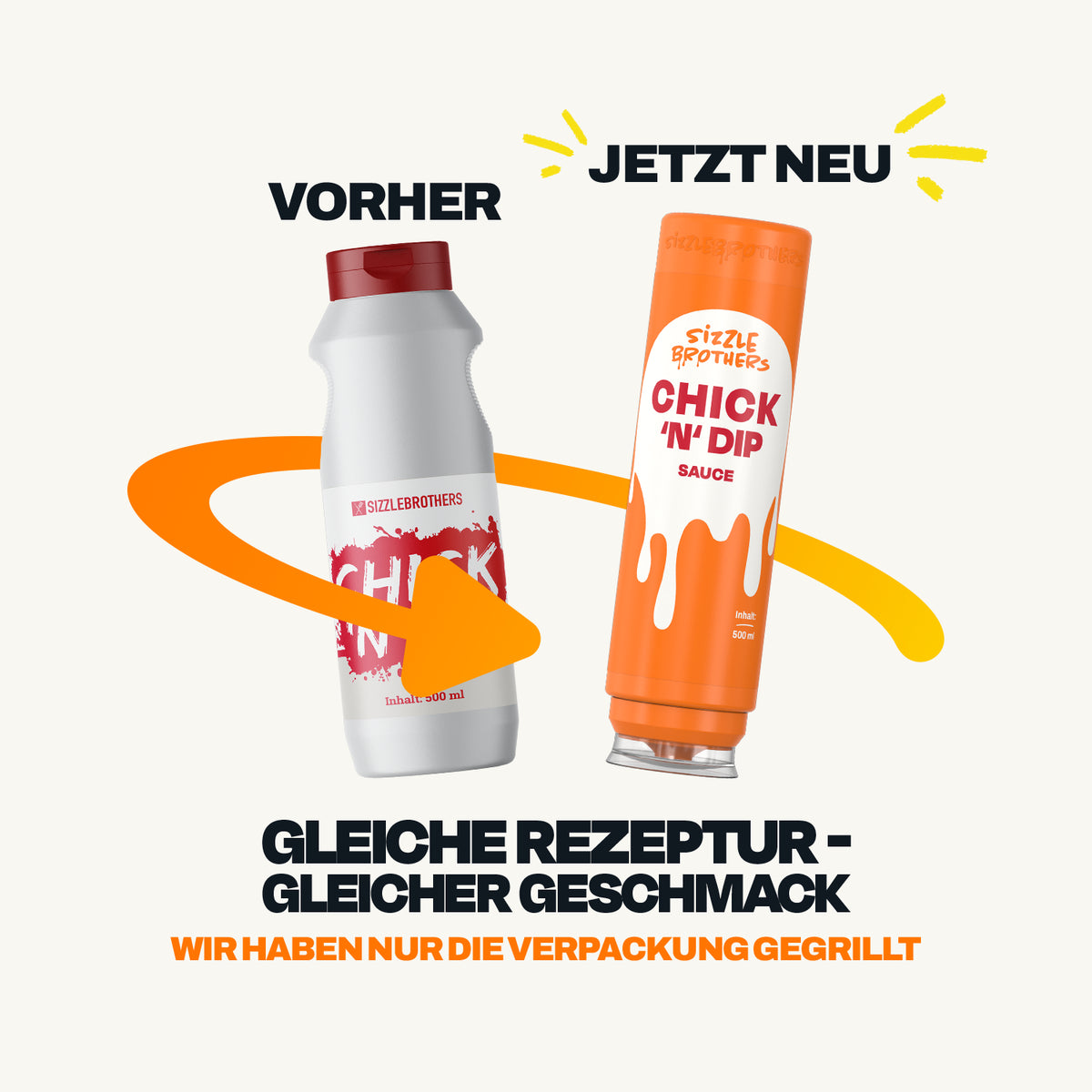 Neue Verpackung der SizzleBrothers Chick n Dip Sauce, alte weiße Flasche neben der neuen orangefarbenen 500 ml Flasche
