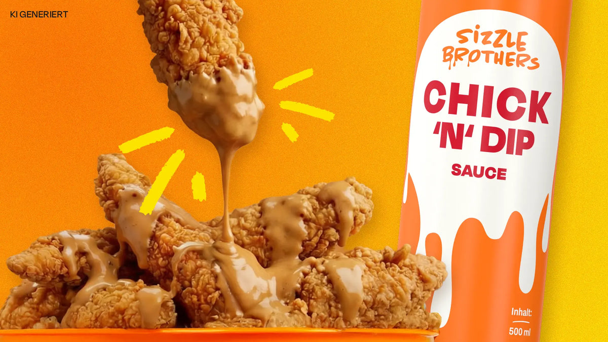 Knusprige Chicken-Nuggets mit einer Sizzlebrothers Chick n Dip Sauce.