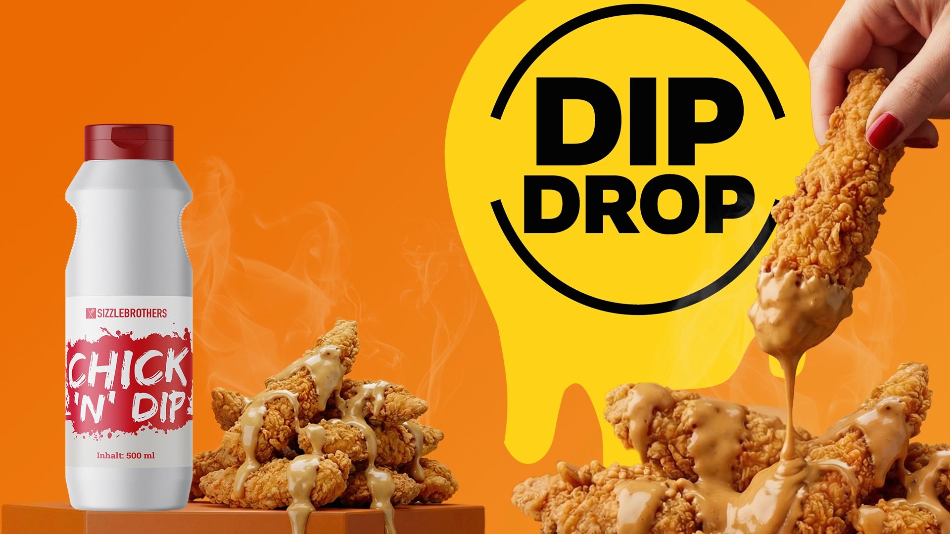 Eine Hand taucht einen frittierten Hähnchenstreifen in Sauce. Text: DIP DROP, CHICK'N'DIP.