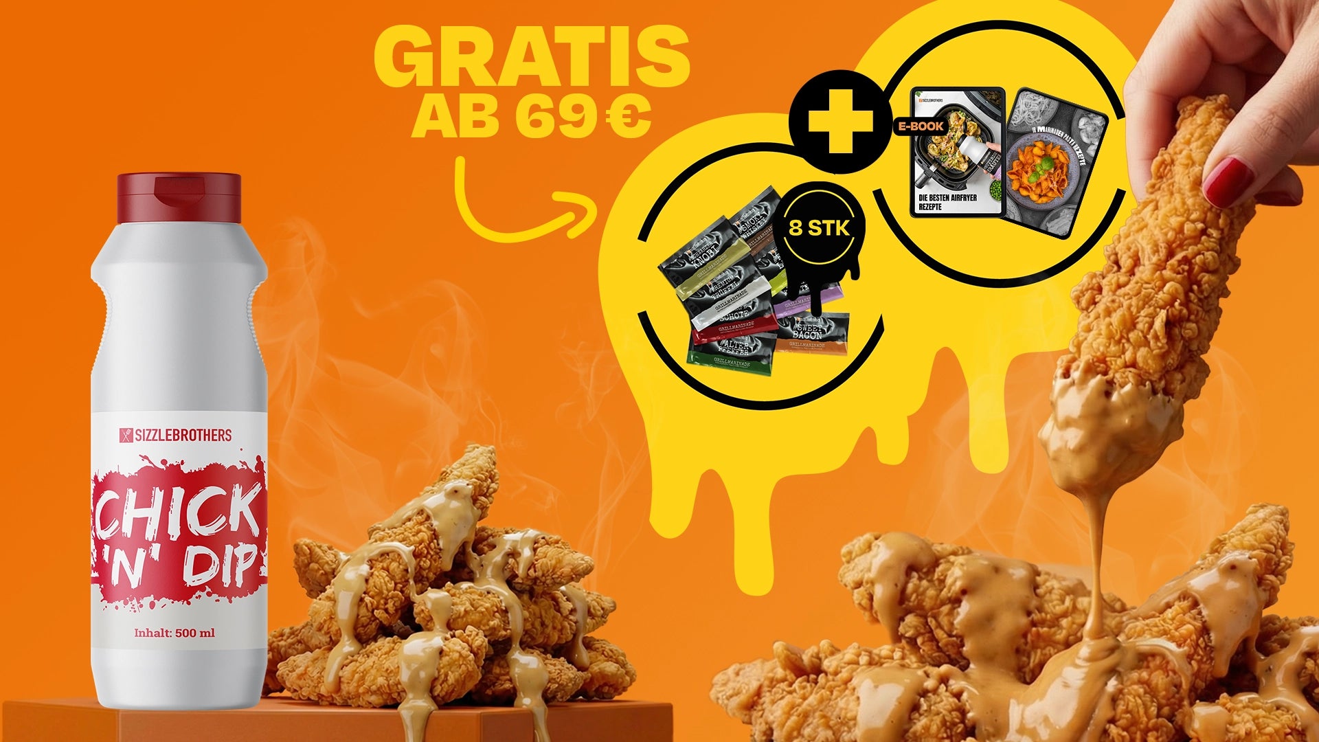 Flasche avec Aufdruck "Chick'n' Dip", Hähnchenschenkel mit Sauce, Text: "Gratis ab 69 €".