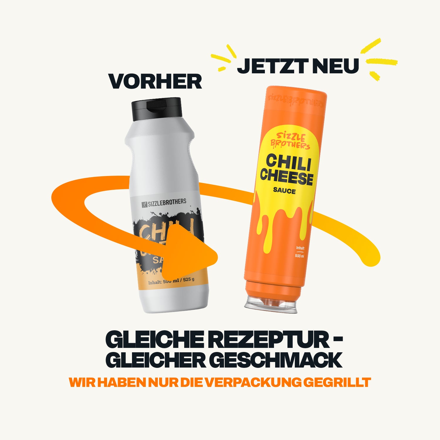 Vorher-Nachher-Vergleich der SizzleBrothers Chili Cheese Sauce, alte weiße Flasche neben neuer Flasche in orange, Packaging-Redesign