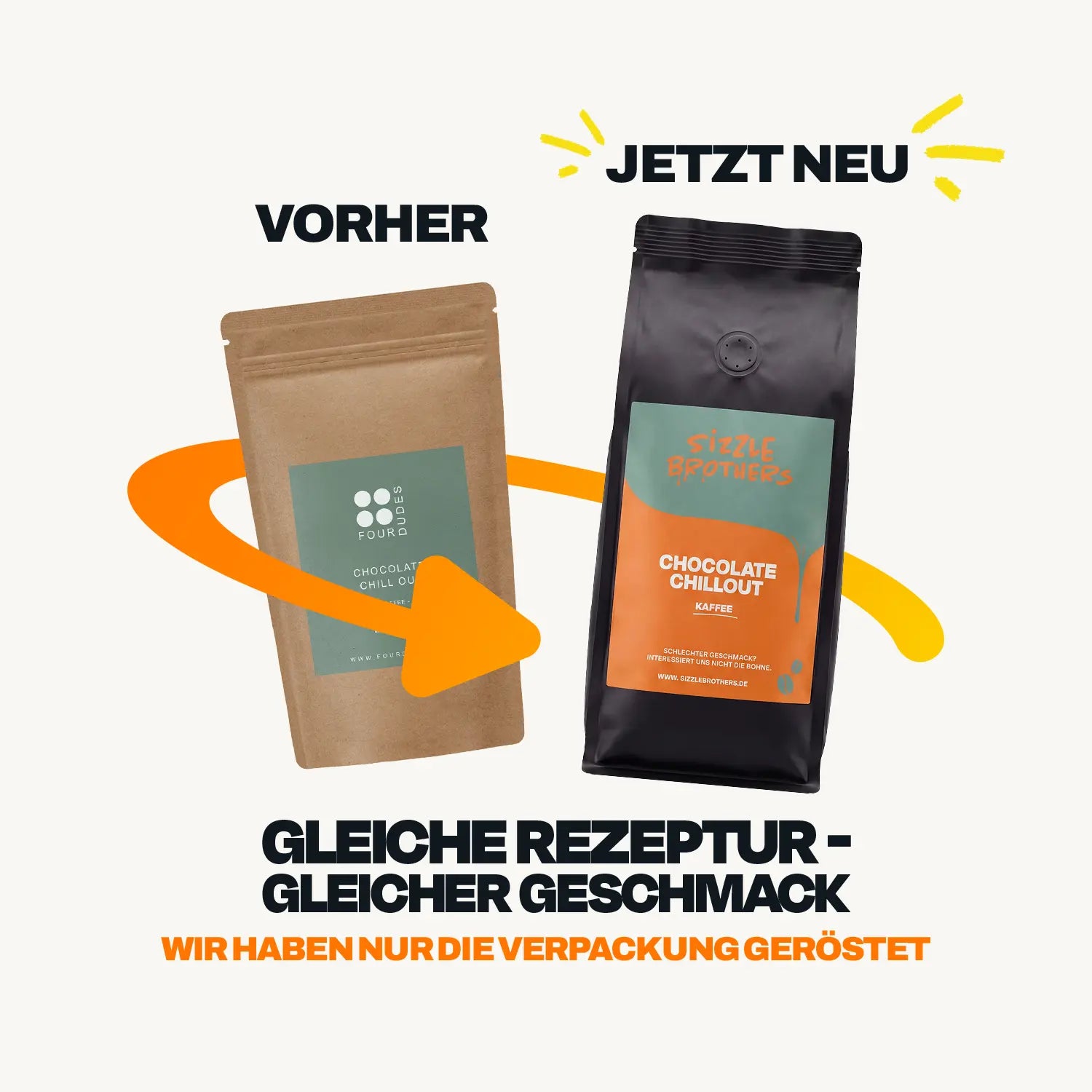 Altes und neues Verpackungsdesign vom Chocolate Chillout Espresso mit dem Text "Gleiche Rezeptur - gleicher Geschmack. Wir haben nur die Verpackung geröstet."