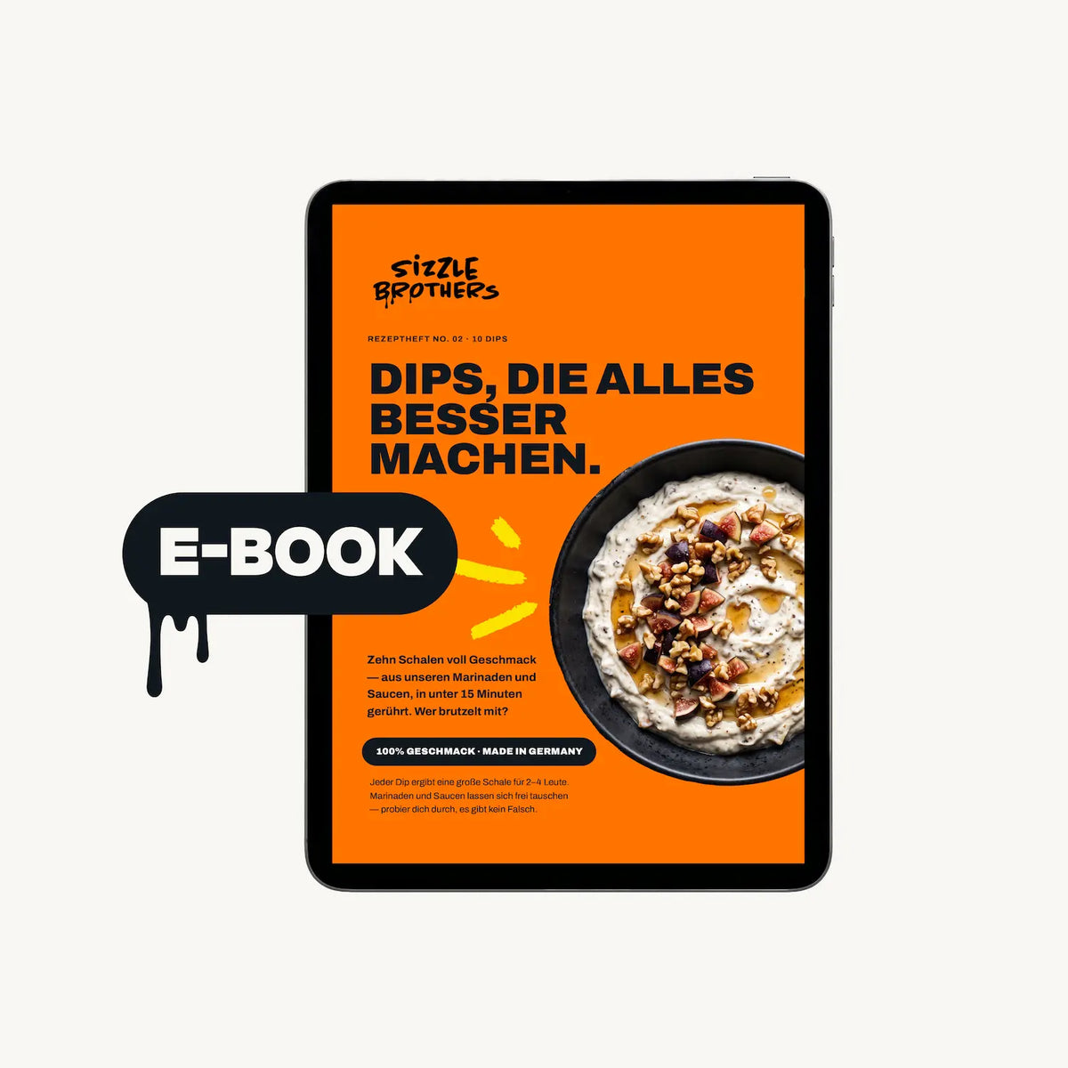 Tablet mit Rezeptbuch 'Dips, die alles besser machen' und ein E-Book-Symbol.